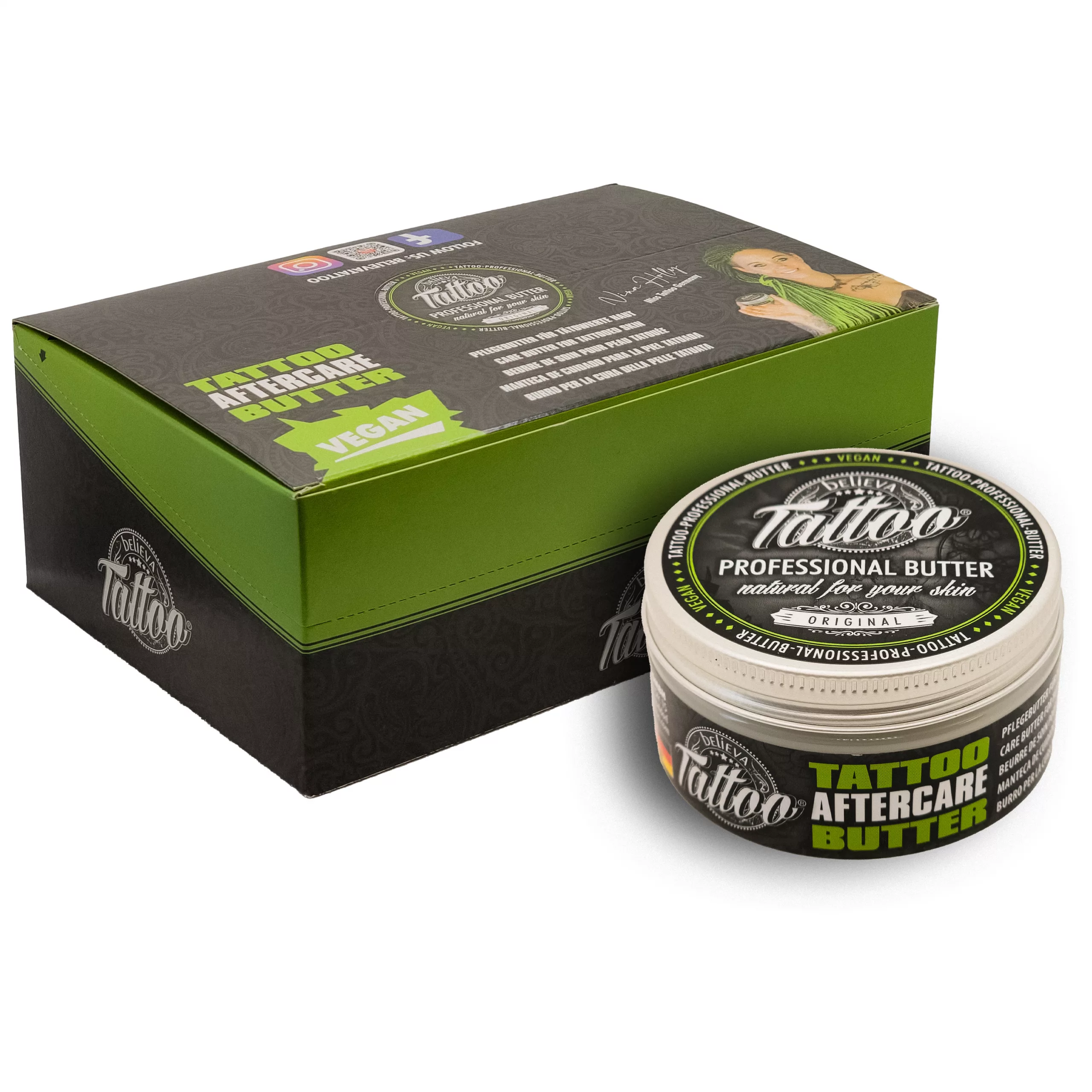 Believa Tattoo Butter mit Verpackung Believa Tattoo Butter Dose und Verpackung auf weißem Hintergrund