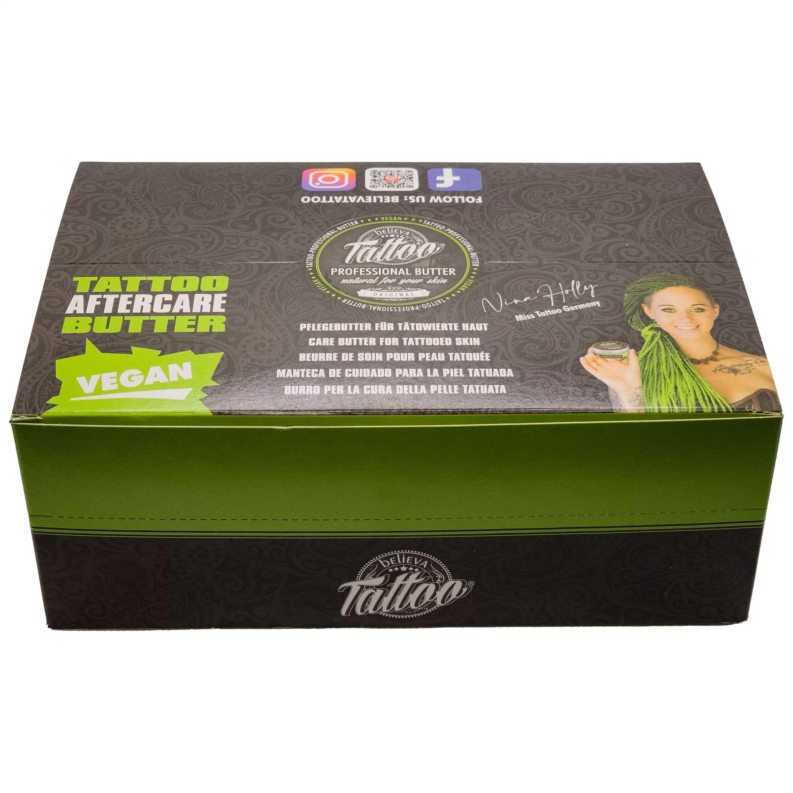 Believa Tattoo Butter in grüner Verpackung Grüne Verpackung der Believa Tattoo Butter mit veganem Siegel auf weißem Hintergrund