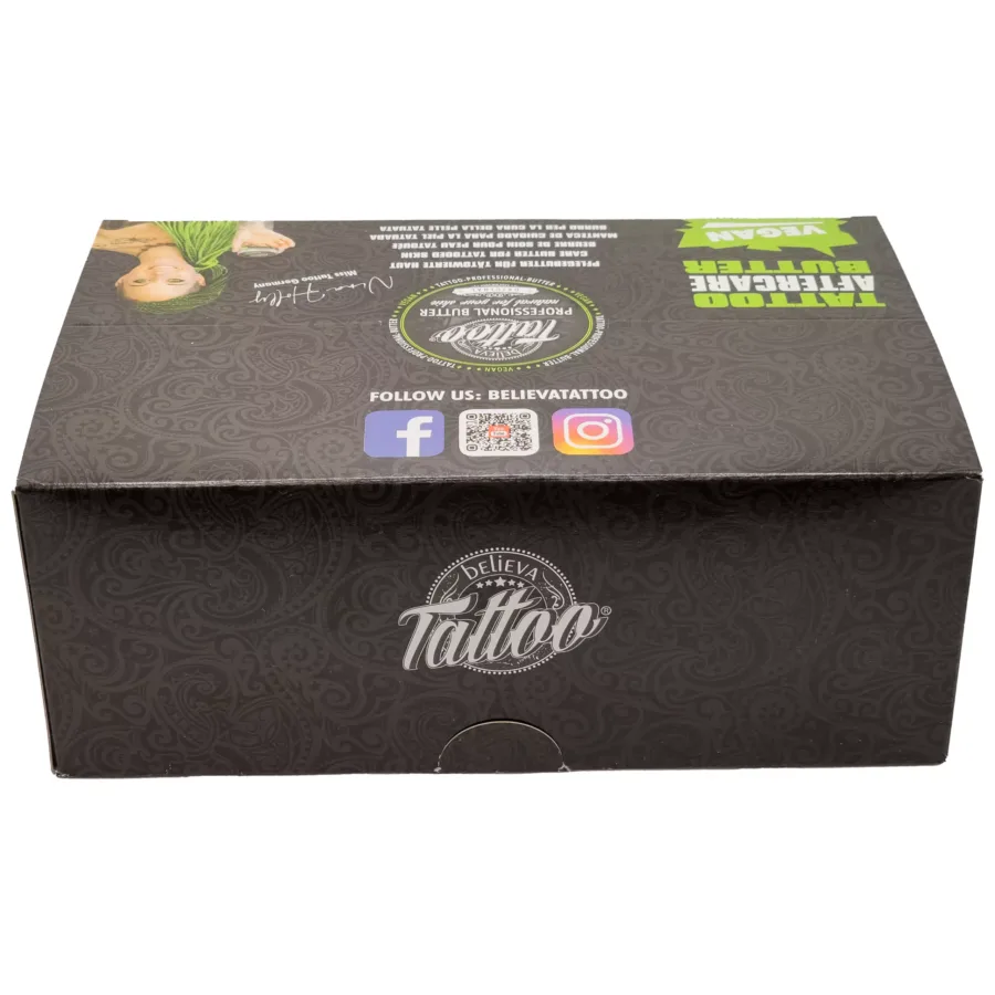 Schwarze Box der Believa Tattoo Butter mit Logo und Social Media Icons