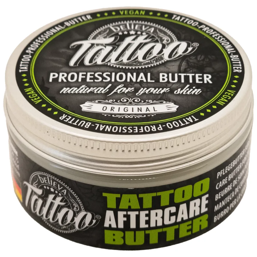 Runde Dose Believa Tattoo Butter, grün-schwarzes Design, 35 ml