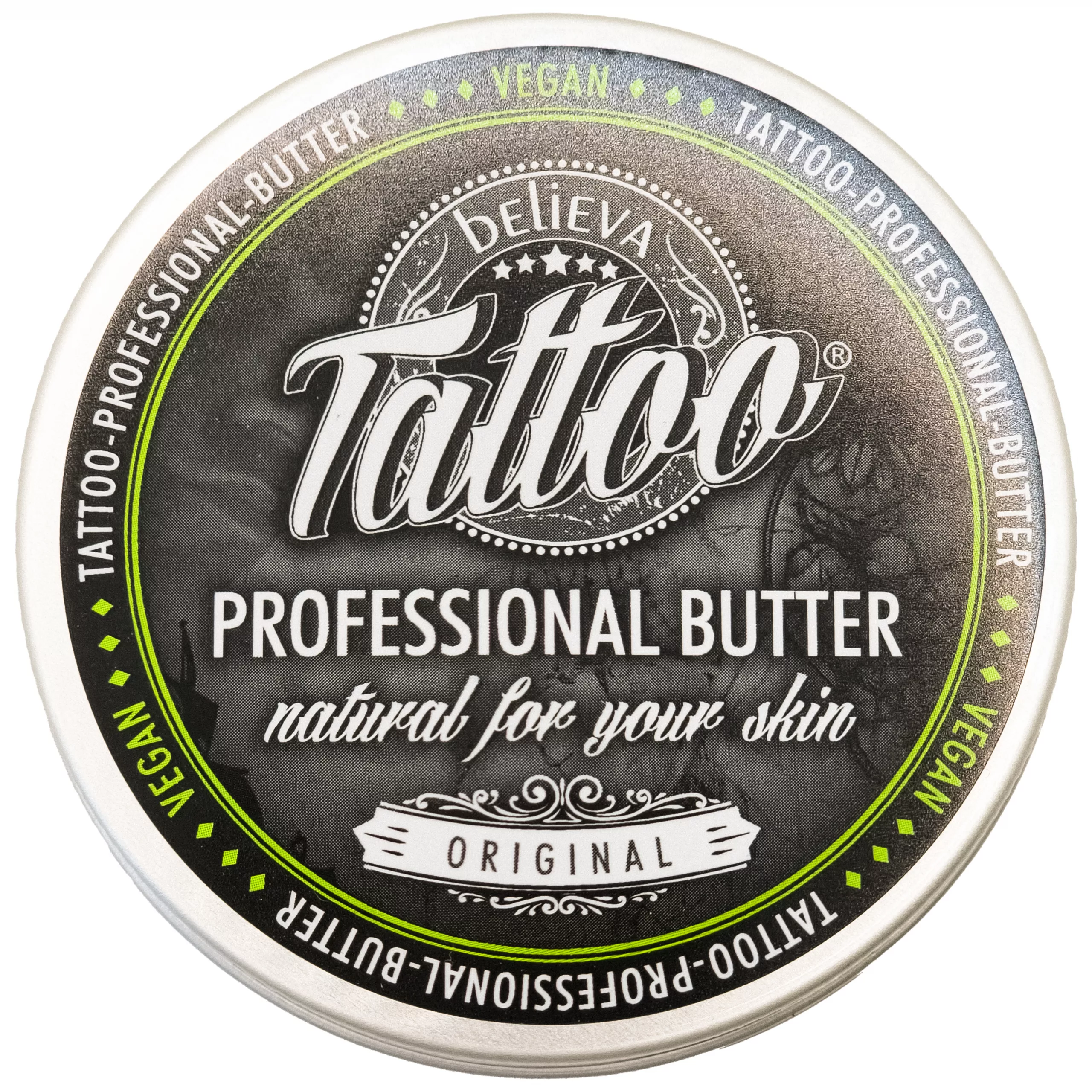 Believa Tattoo Butter in 35ml Dose Runde Dose Believa Tattoo Butter mit grünem Rand auf weißem Hintergrund