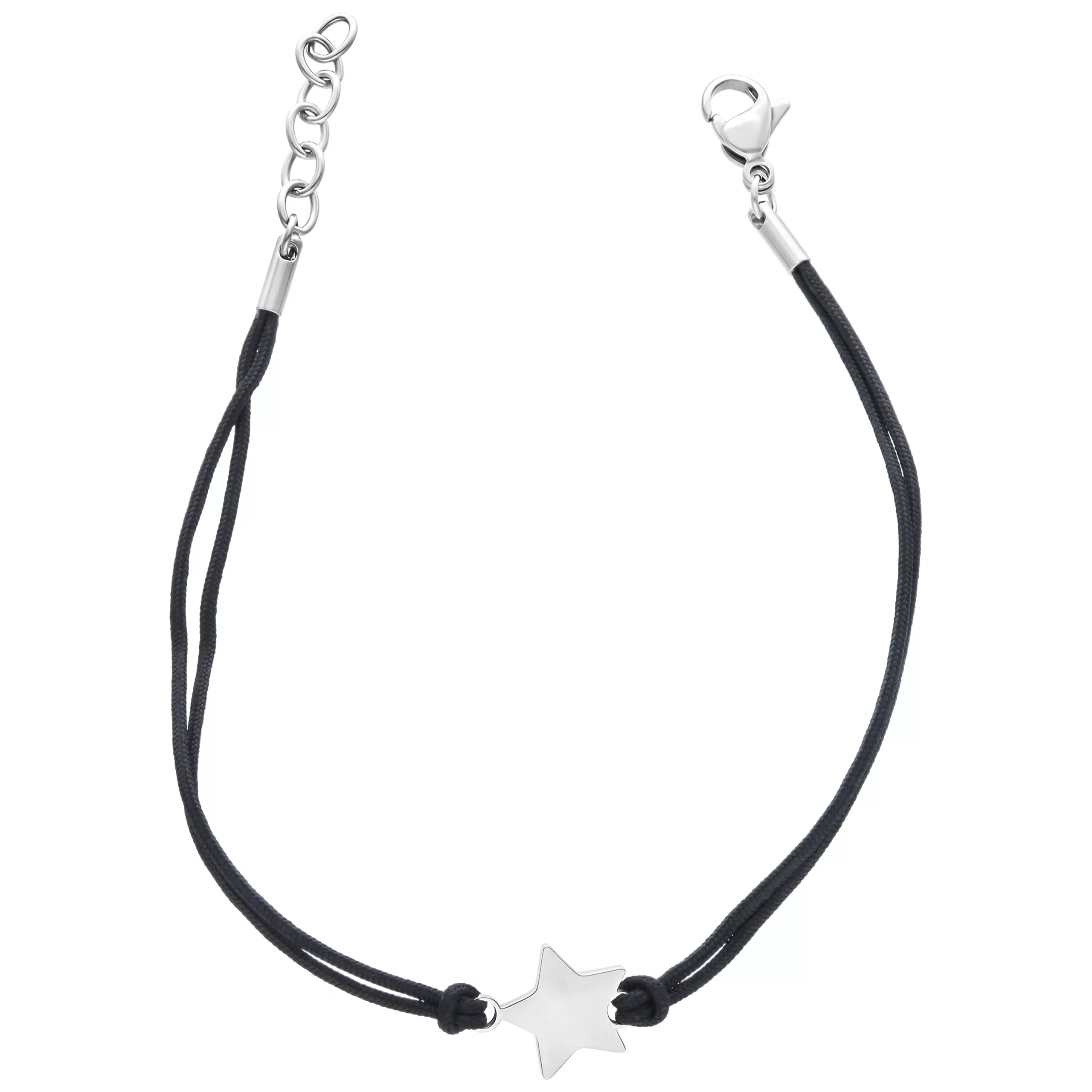 Toggle Star Nylon Armband in Schwarz Schwarzes Nylonarmband mit silbernem Sternanhänger auf weißem Hintergrund