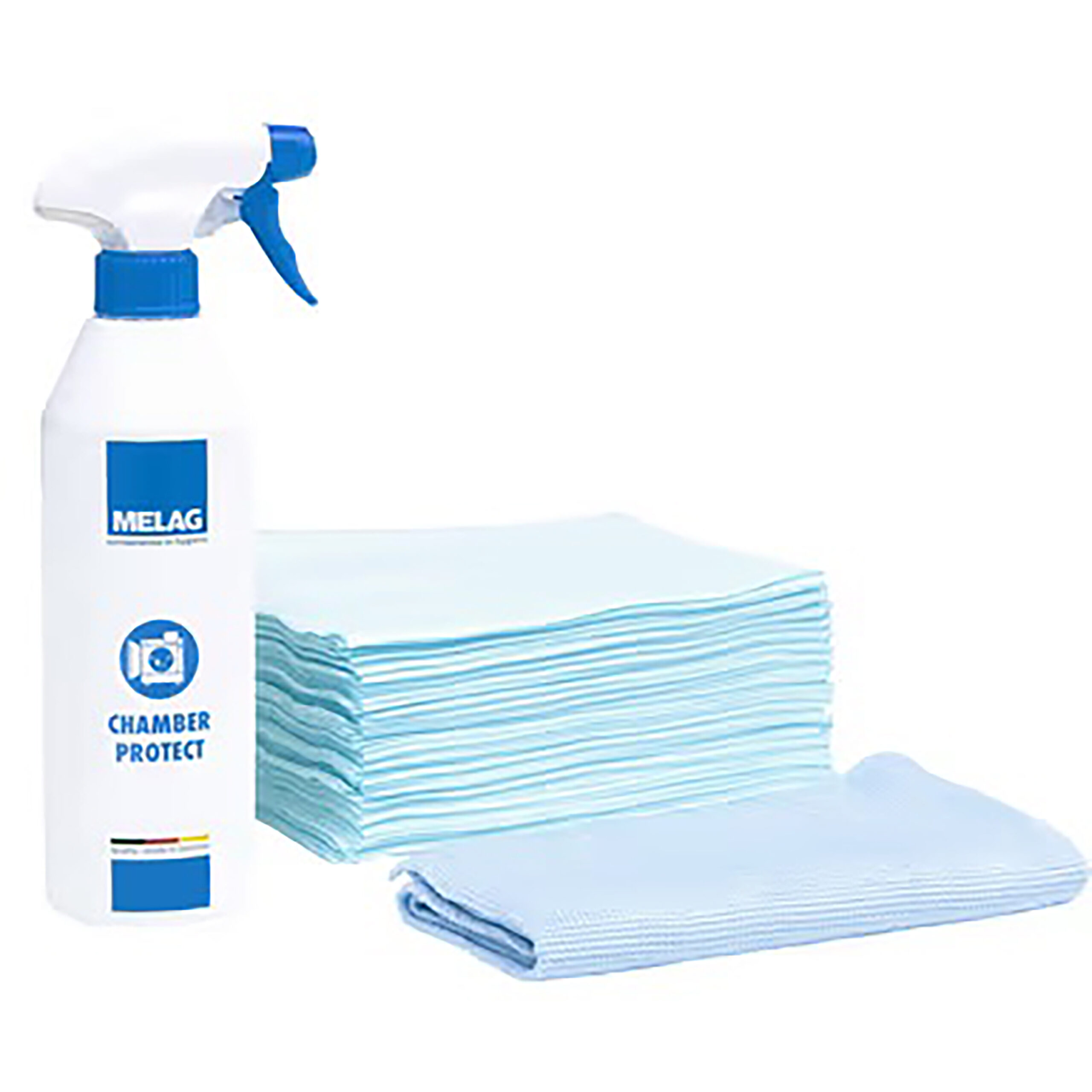 Chamber Protect Kesselreinigungsset mit Tüchern Weißes Sprühflasche mit blauer Aufschrift und blaue Reinigungstücher auf weißem Hintergrund