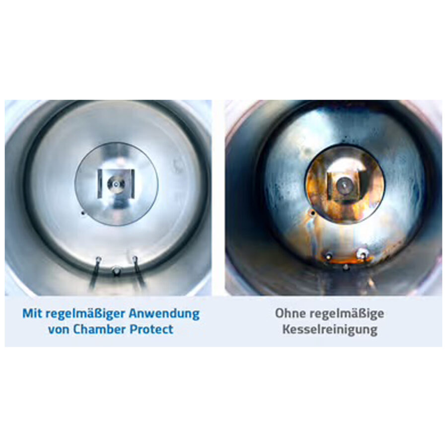 Vergleich zweier Kessel, links glänzend sauber, rechts rostig