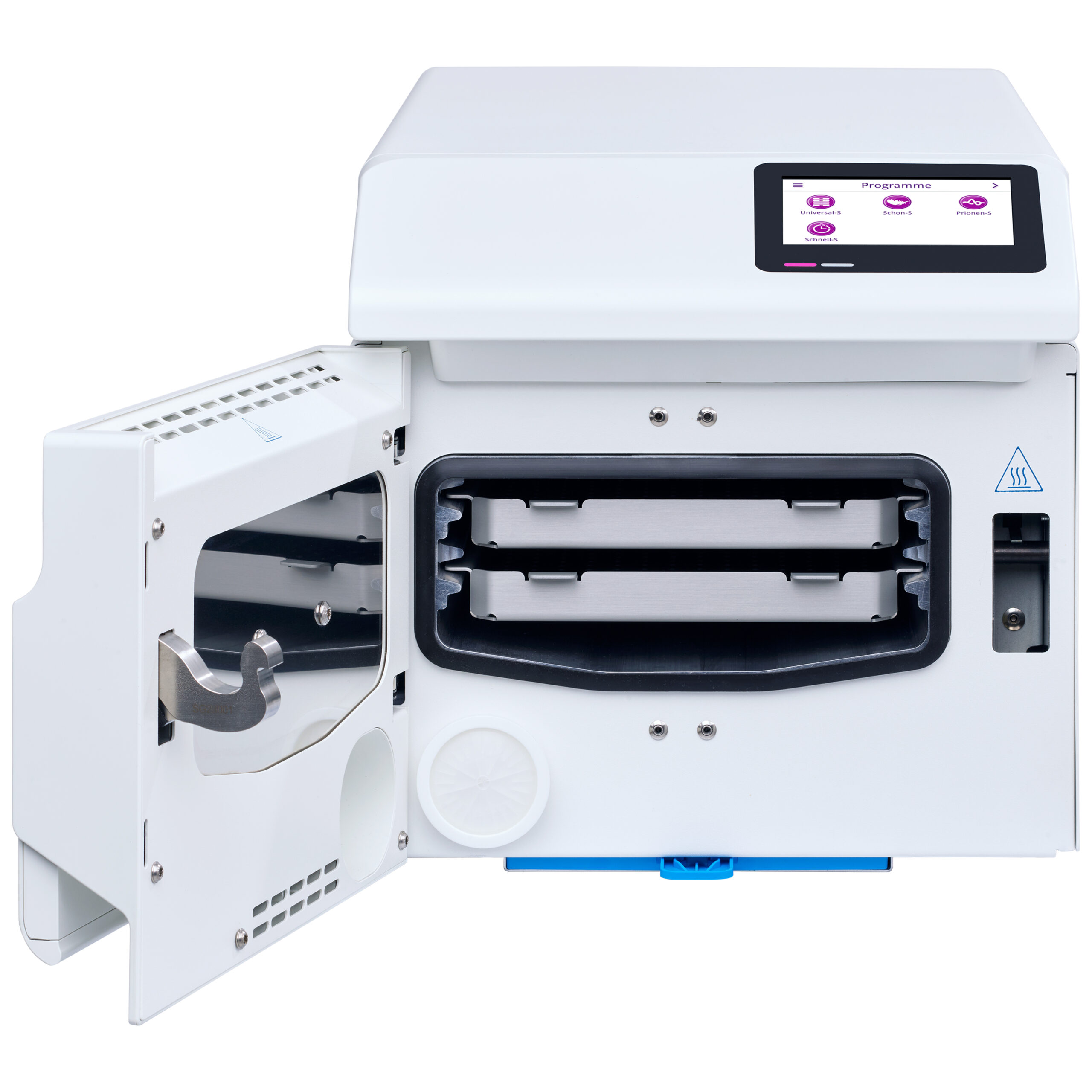 SteriHero Speed+ Sterilisator mit Display Weißer SteriHero Speed+ Sterilisator mit offenem Fach und Touchscreen-Display auf weißem Hintergrund