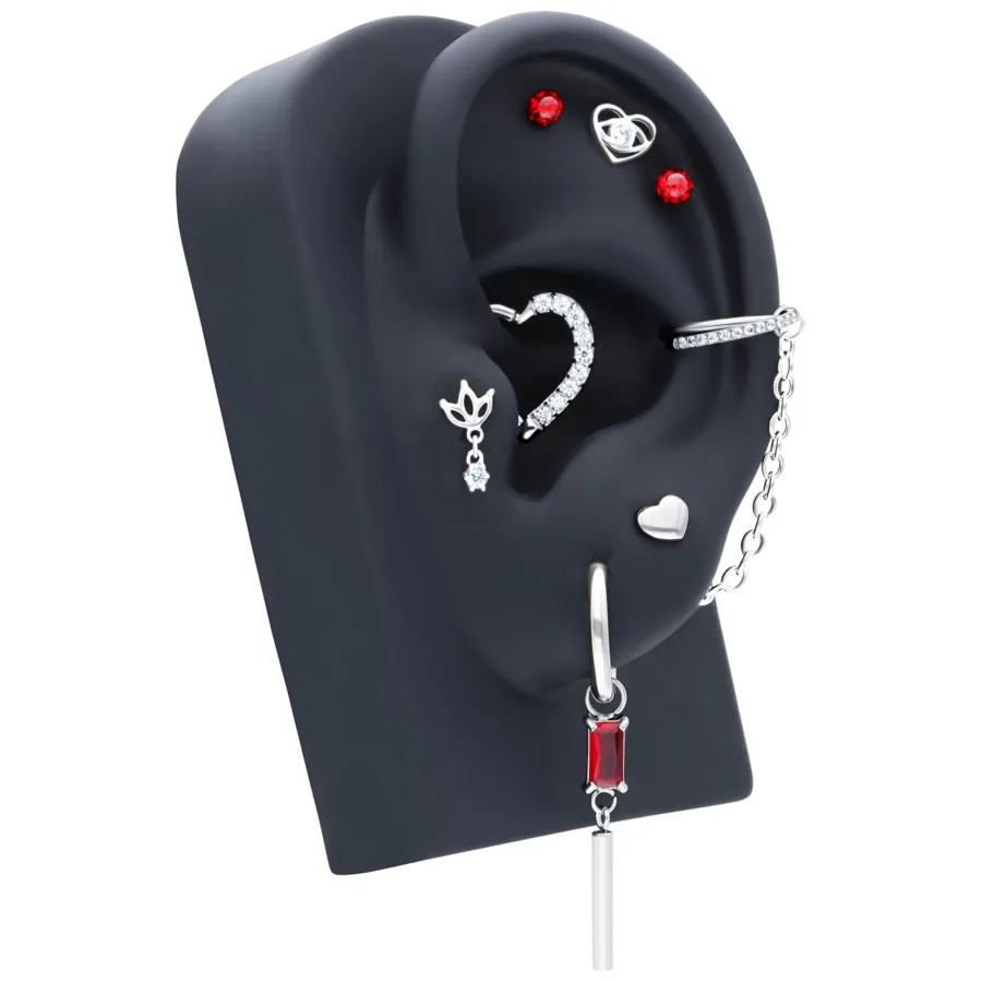 Silberne Piercingkette und Schmuck an schwarzem Ohrständer, rote Steine