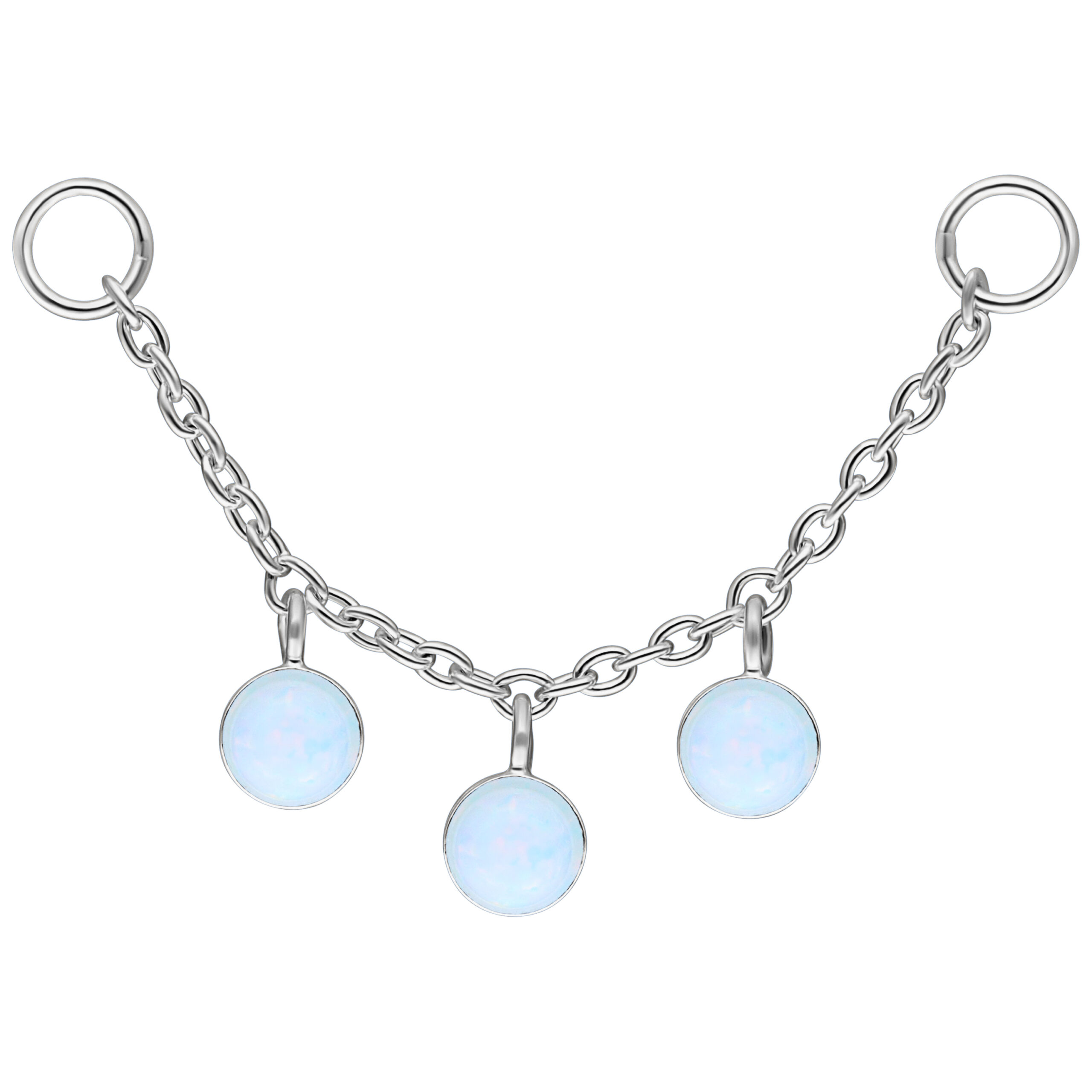 Silberne Opal Piercingkette 20mm Silberne Piercingkette mit drei synthetischen Opal-Steinen auf weißem Hintergrund