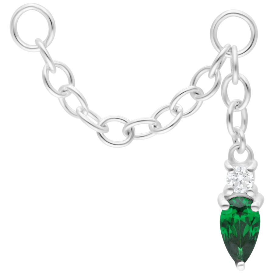 Silberne Piercingkette mit smaragdgrünem Kristall, Länge 20 mm