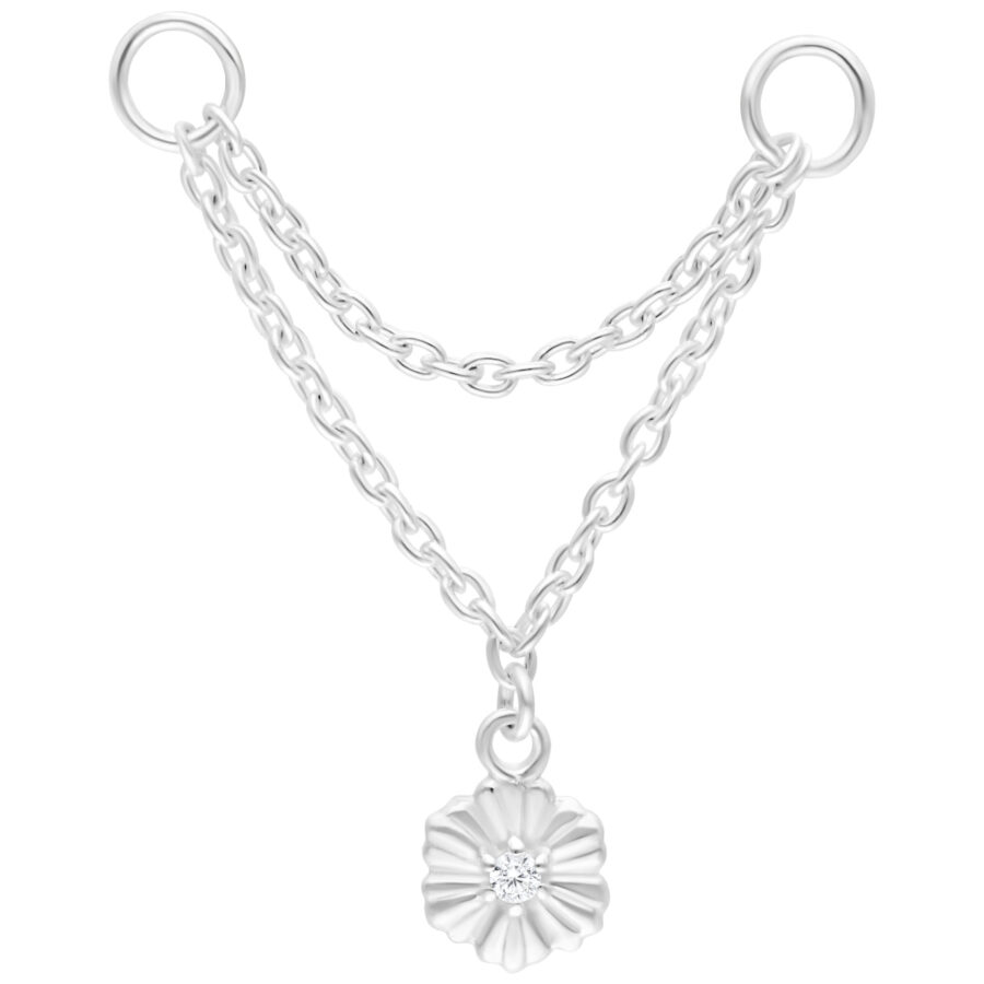 Silberne Hibiskus Piercingkette mit zwei Ketten und Blume auf weißem Hintergrund