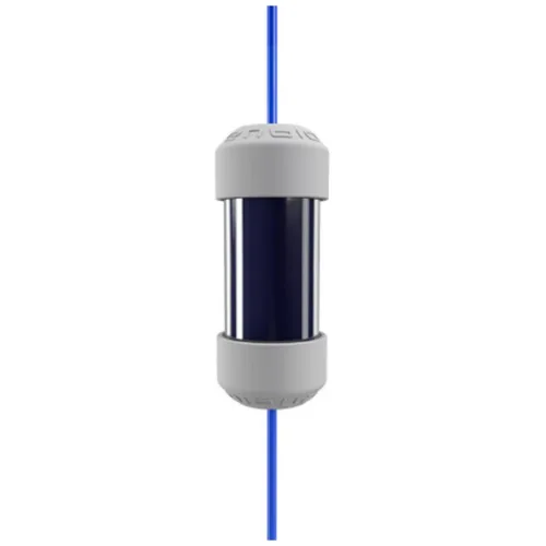 Zylindrischer Enbio Magic Filter mit weißem Gehäuse und blauer Mitte, auf weißem Hintergrund