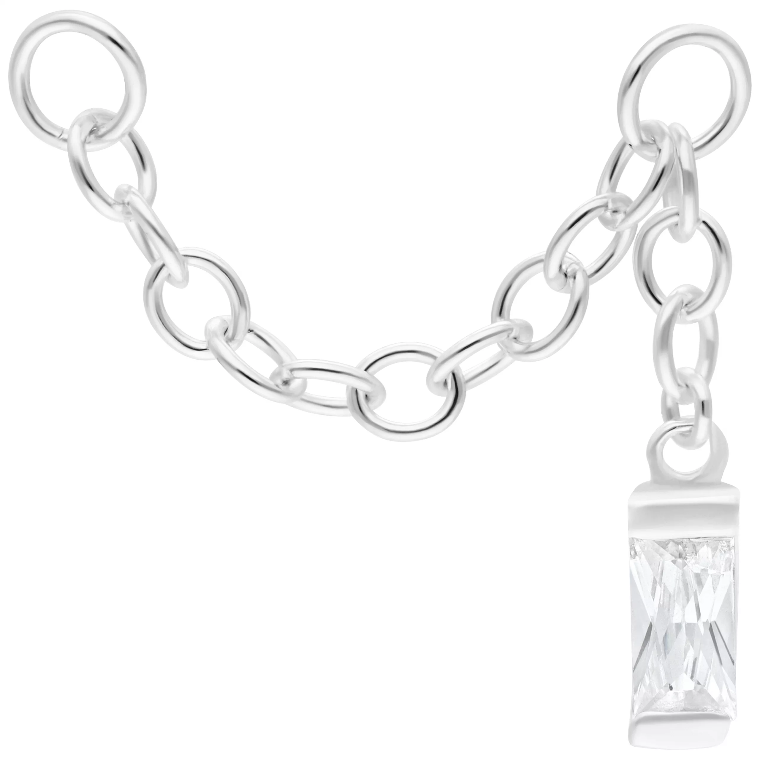 Silberne Piercingkette mit Baguette-Kristall, 20mm Silberfarbene Piercingkette mit hängendem Baguette-Kristall, 20mm Länge