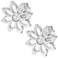 Silberfarbene Blumen Ohrstecker mit Kristall Zwei silberfarbene Blumen Ohrstecker aus Chirurgenstahl mit klarem Kristall auf weißem Hintergrund