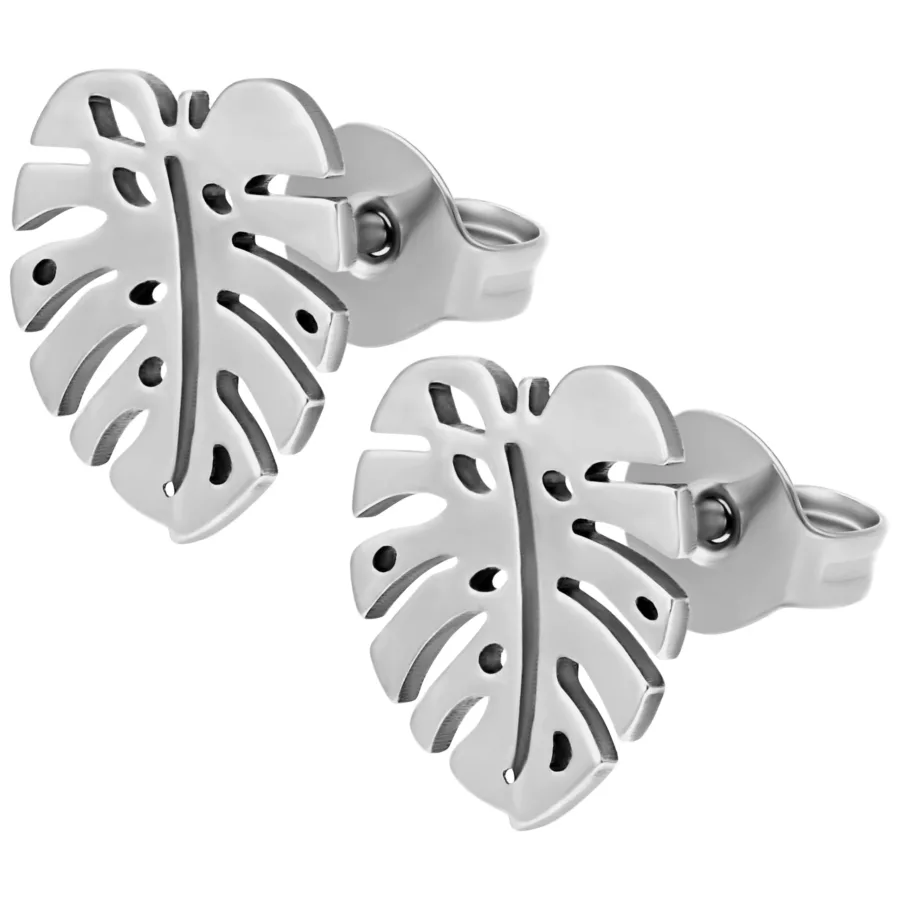 Silberne Monstera Ohrstecker aus Chirurgenstahl auf weißem Hintergrund