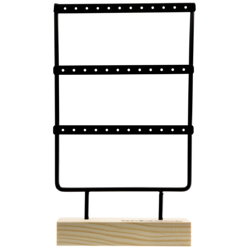 Schwarzes Metall-Display mit Holzsockel für Ohrringe, freistehend