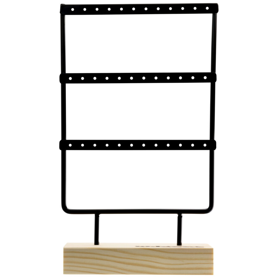 Schwarzes Metall-Display mit Holzsockel für Ohrringe, freistehend
