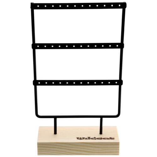 Schwarzes Metall-Display mit Holzsockel für Little Hoops, auf weißem Hintergrund