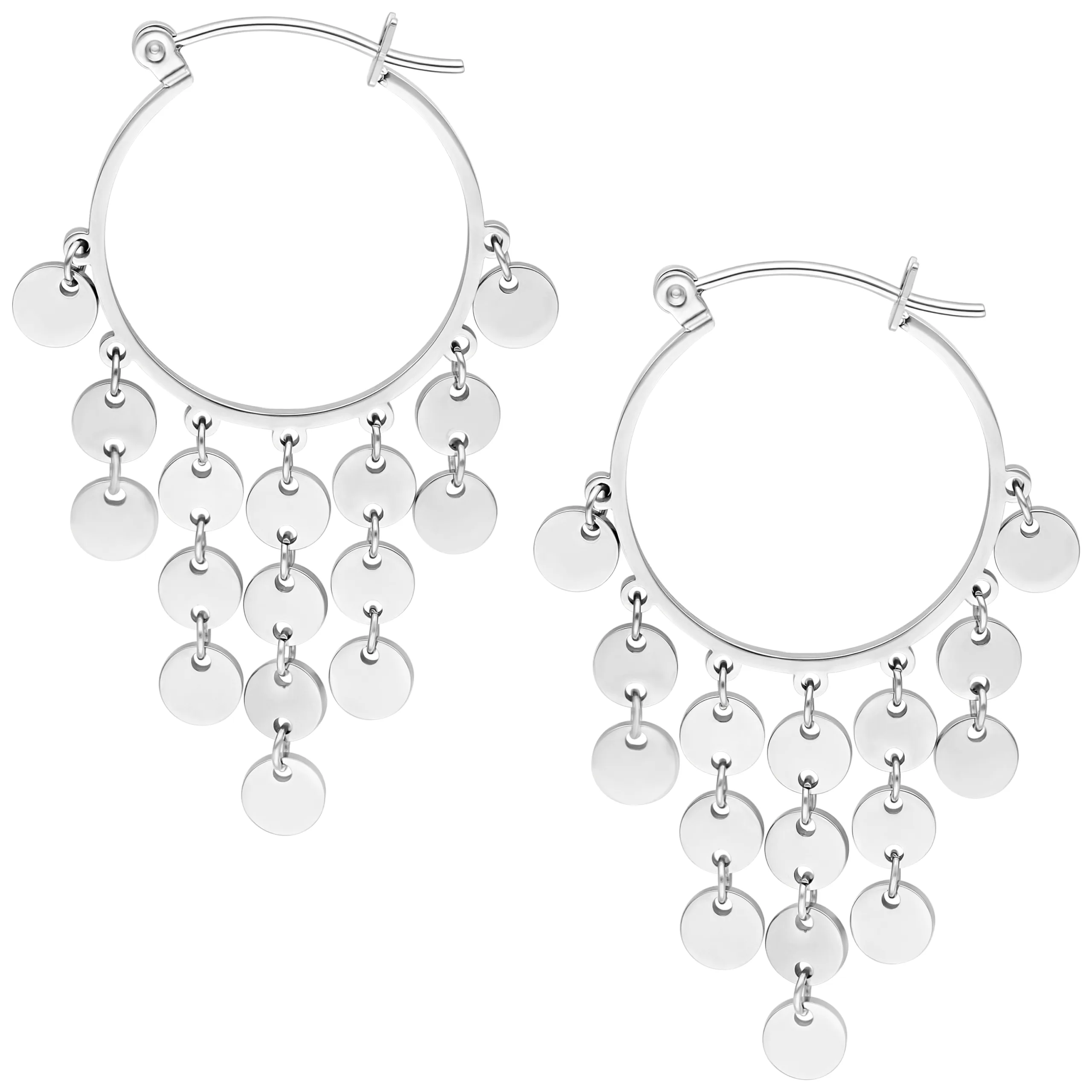 Silberne Dangling Plate Hoops Ohrringe Silberne Dangling Plate Hoops Ohrringe auf weißem Hintergrund