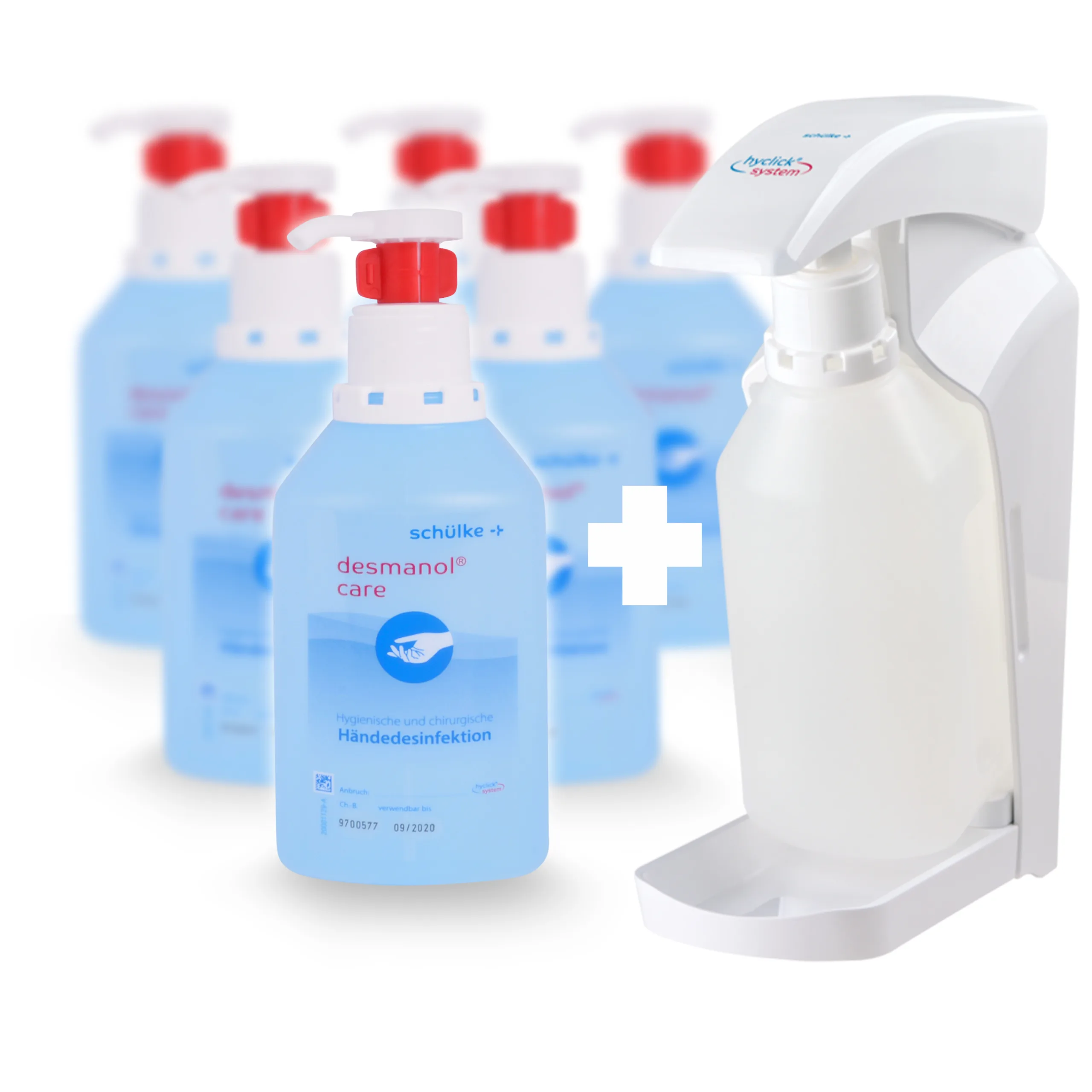 Care Händedesinfektion Set + Hyclick Spender Blaues Händedesinfektionsmittel und weißer Spender auf weißem Hintergrund