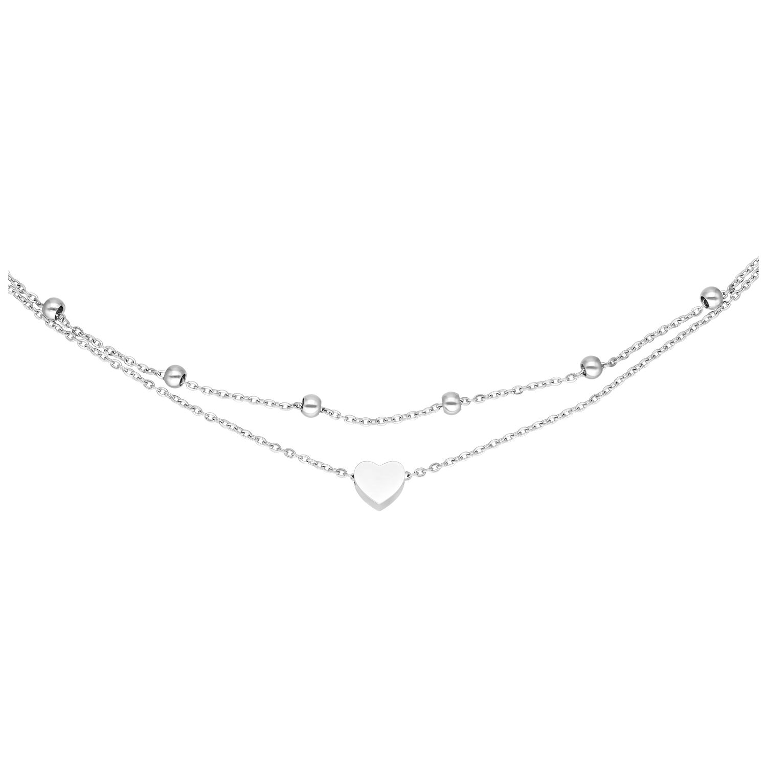 Doppelreihiges Herzarmband aus Chirurgenstahl Silbernes doppelreihiges Armband mit Herzanhänger und Kugeln auf weißem Hintergrund
