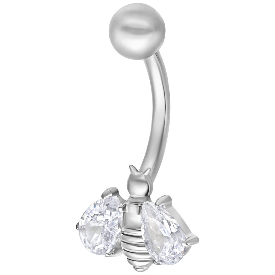 Silbernes Bauchnabelpiercing mit Kristallbiene auf weißem Hintergrund