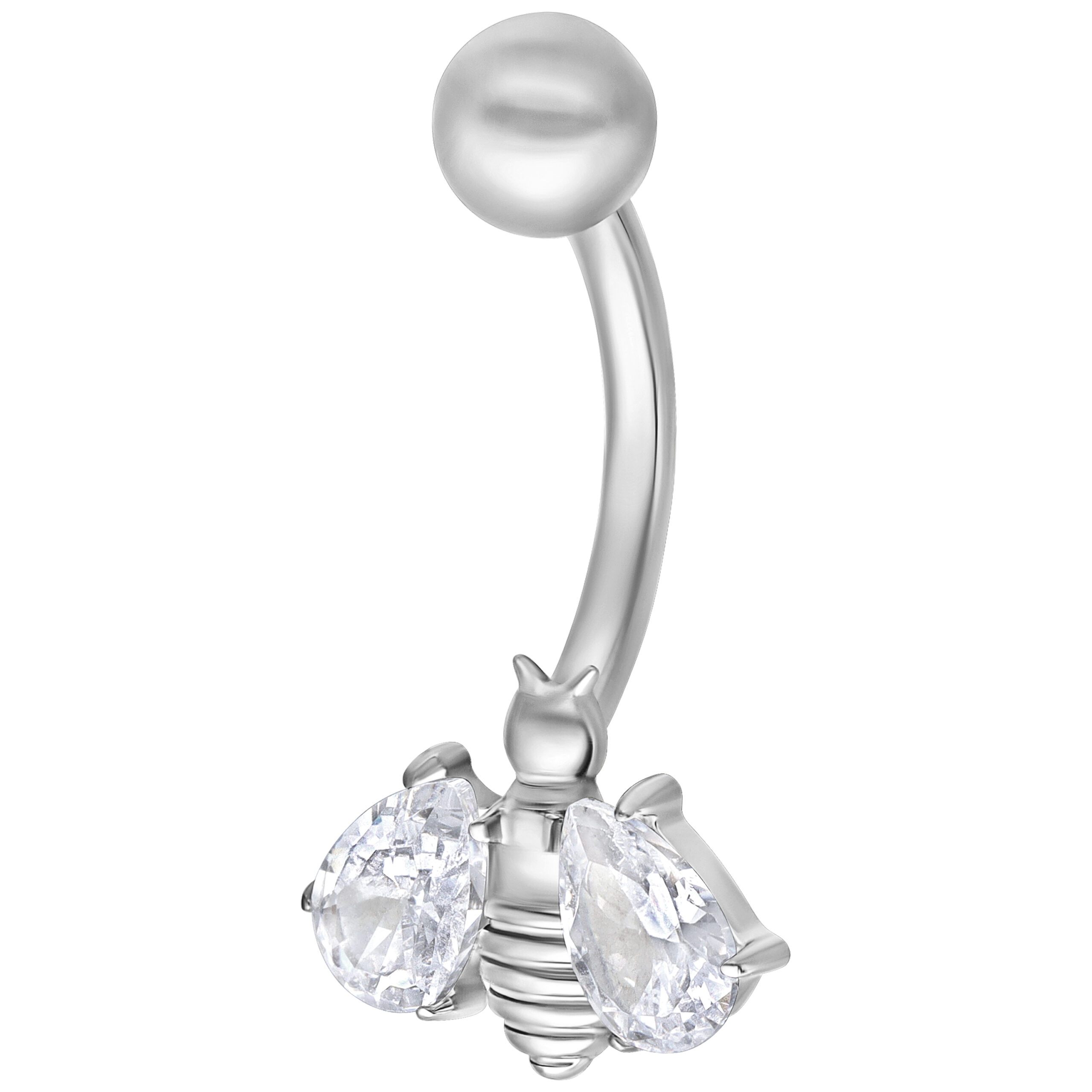 Silbernes Crystal Bee Bananabell 8,0 mm Silbernes Bauchnabelpiercing mit Kristallbiene auf weißem Hintergrund