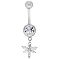 Silbernes Dragon-fly Bananabell mit Kristall Silbernes Bauchnabelpiercing mit Libellen-Anhänger und klarem Kristall auf weißem Hintergrund