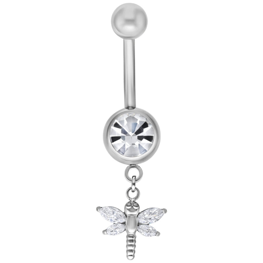 Silbernes Bauchnabelpiercing mit Libellen-Anhänger und klarem Kristall auf weißem Hintergrund