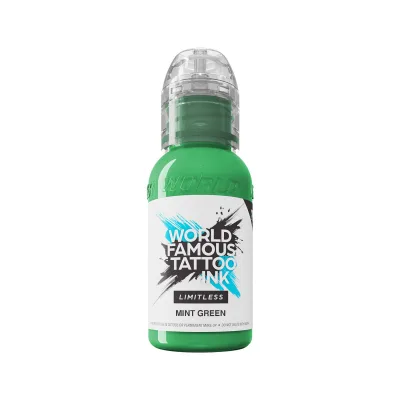 World Famous Ink Limitless Mint Green 30 ml Flasche mit grüner Tattoofarbe vor weißem Hintergrund