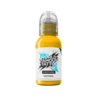 Gelbe World Famous Ink Tinte in 30 ml Flasche, auf weißem Hintergrund