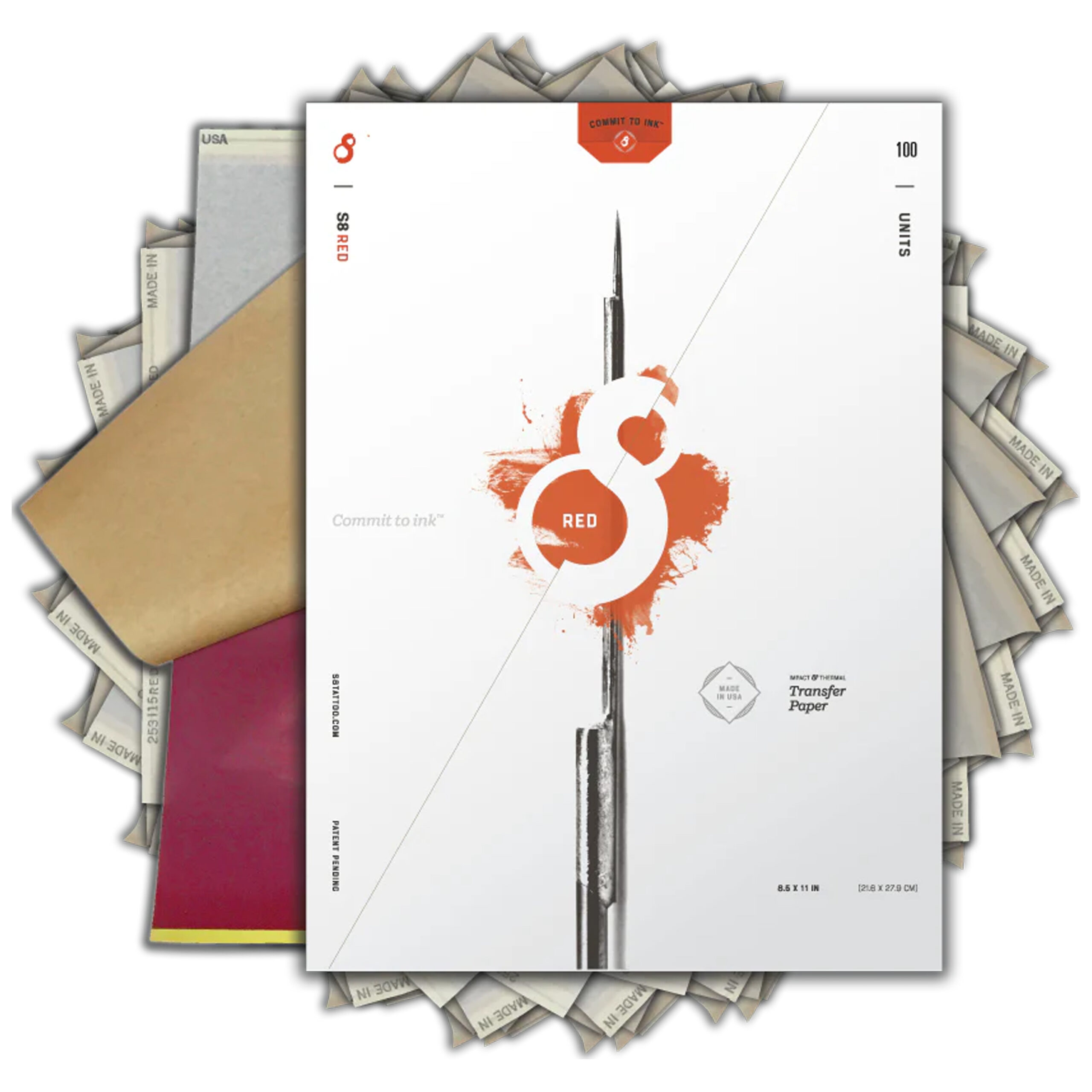 RED Tattoo Schablonenpapier 100 Blatt Packung RED Tattoo Schablonenpapier, weiß mit rotem Logo, 100 Blatt