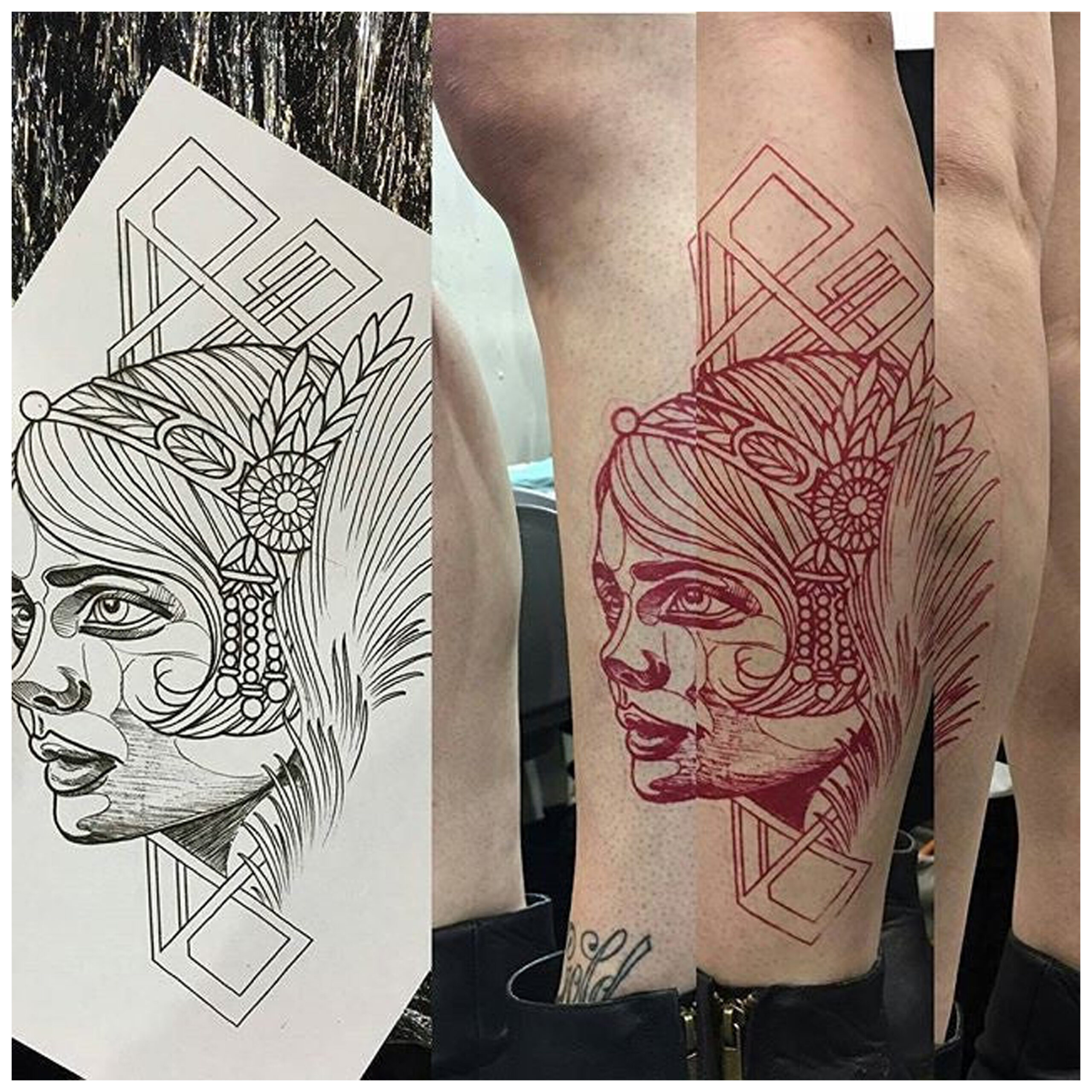 RED Tattoo Schablonenpapier mit Tattoo Design Rotes Tattoo-Schablonenpapier mit Gesichtsmotiv und fertigem Tattoo auf Bein
