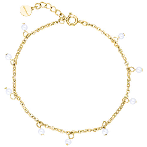 Goldenes Armband aus Chirurgenstahl mit kleinen Perlen auf weißem Hintergrund