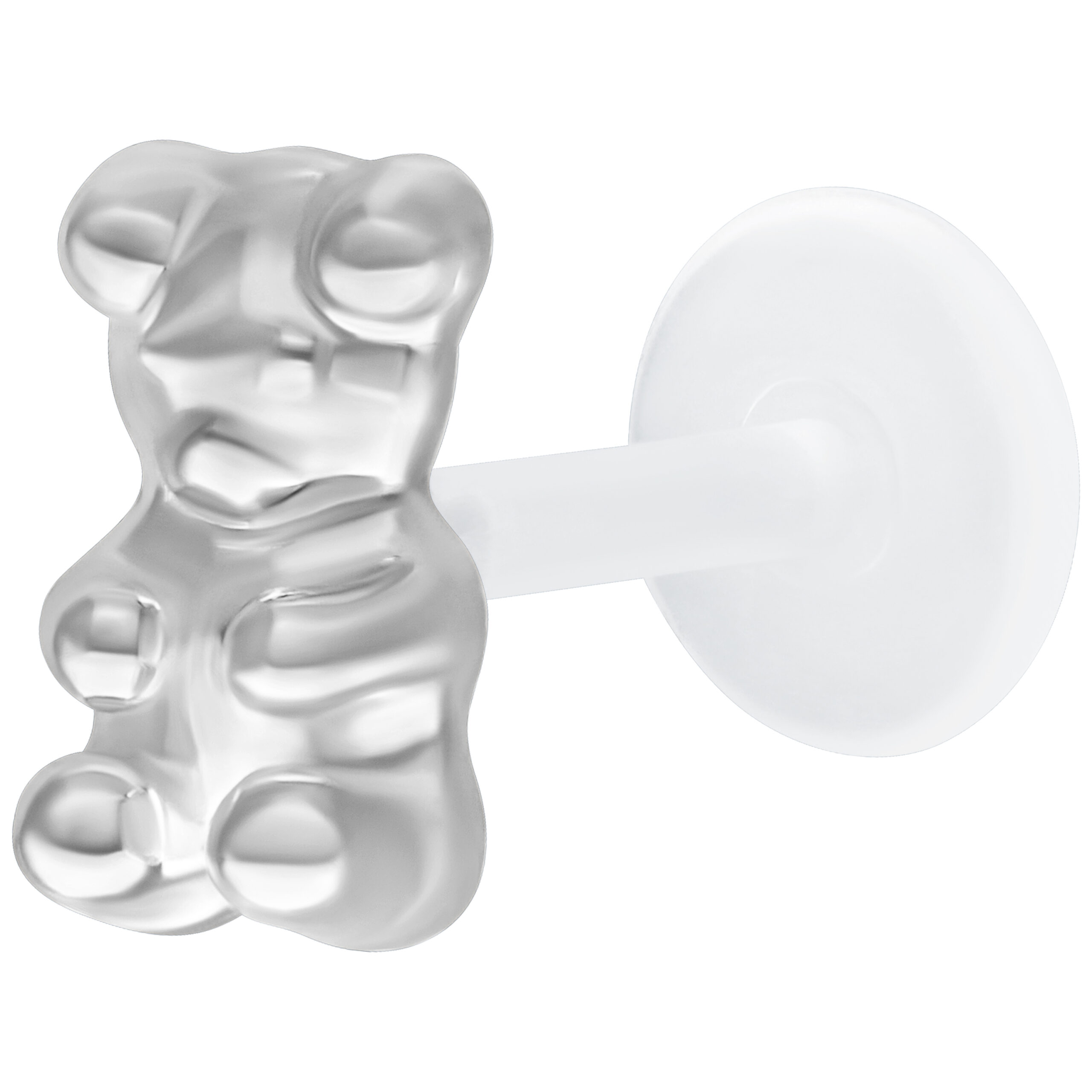 Silberfarbener Gummi Bear Push Fit Labret 11mm Silberfarbener Gummi Bear Labret mit Push Fit auf weißem Hintergrund