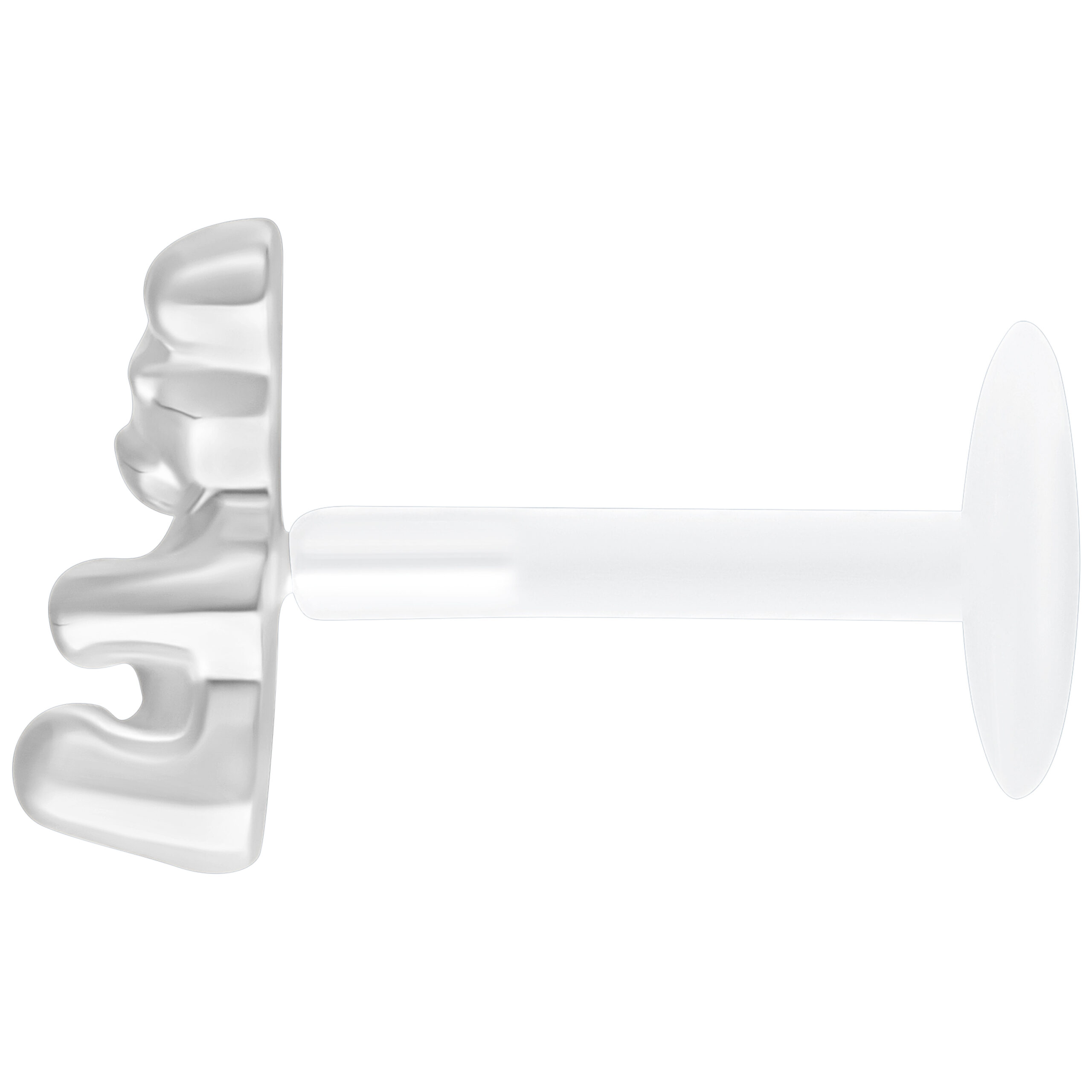 Silbernes Gummi Bear Labret 11mm Silberfarbenes Gummi Bear Labret Push Fit auf weißem Hintergrund