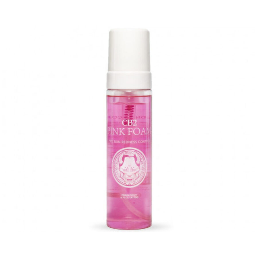 Flasche mit pinkem Schaum, Aloe Tattoo CB2, 220 ml, auf weißem Hintergrund