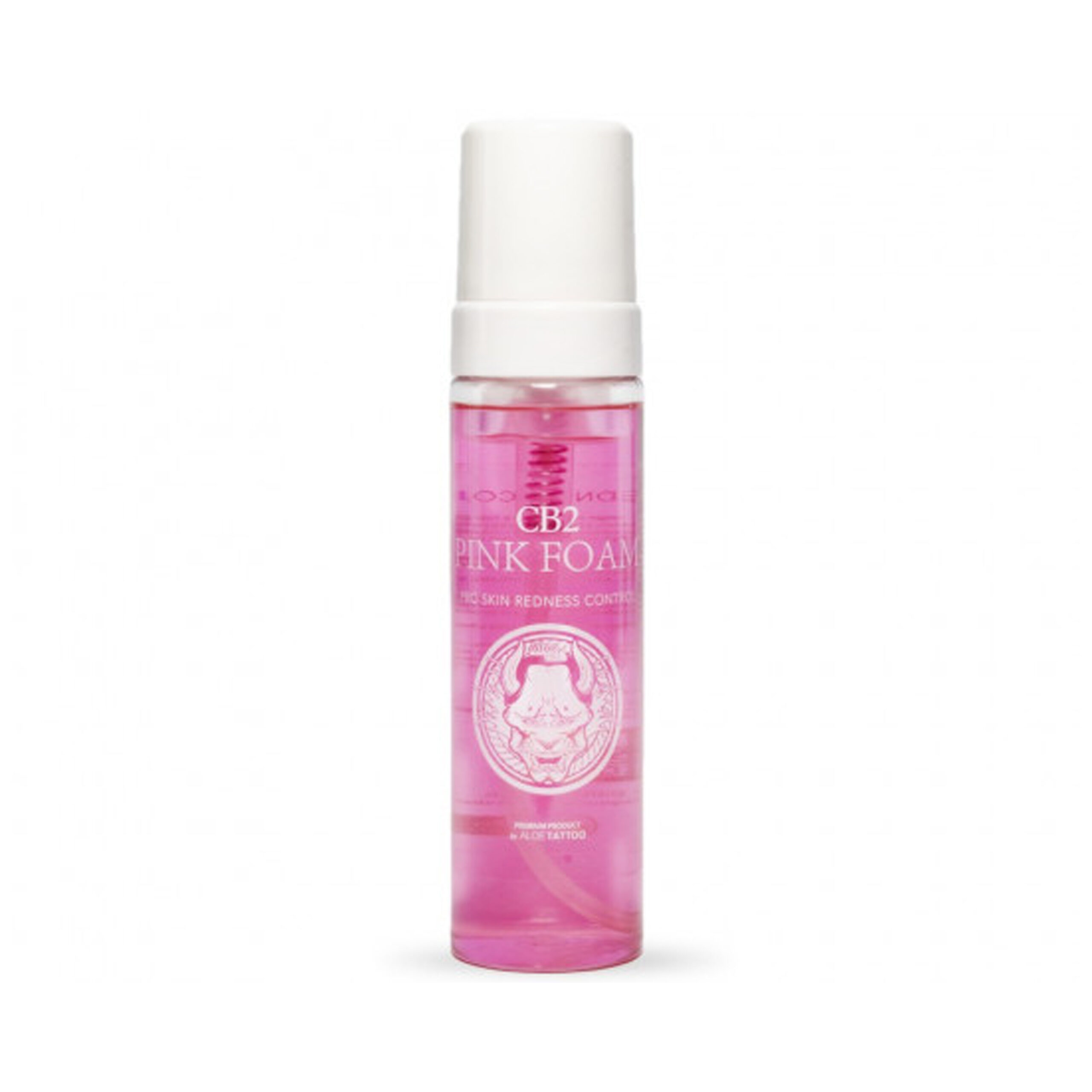 Flasche mit pinkem Schaum, Aloe Tattoo CB2, 220 ml, auf weißem Hintergrund