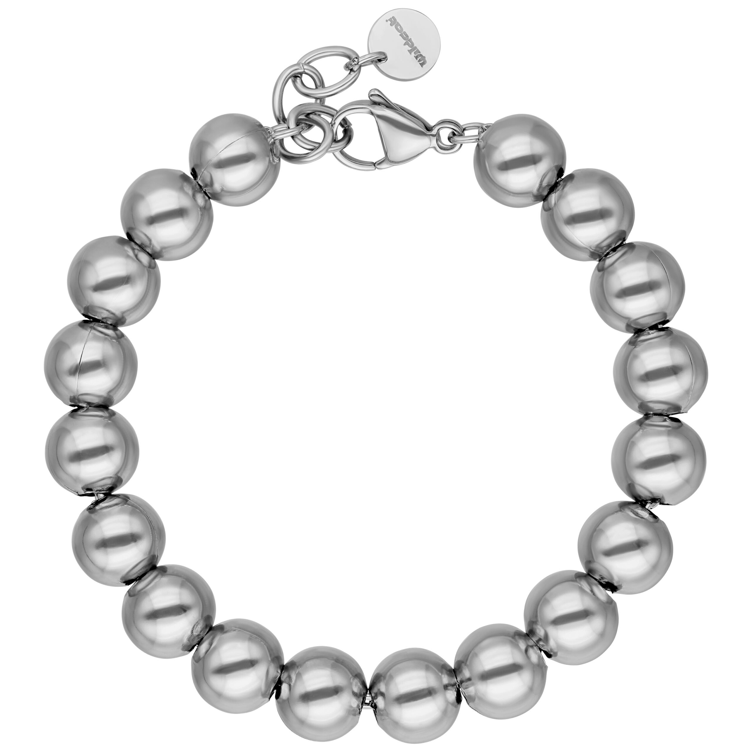 Bubble Armband aus silberfarbenem Metall Silberfarbenes Bubble Armband aus Chirurgenstahl 316L auf weißem Hintergrund
