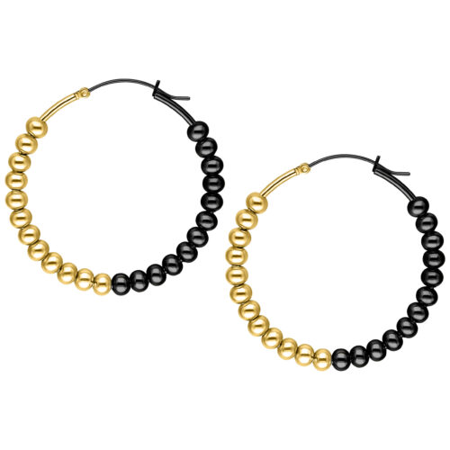 Runde Bubble Hoops Ohrringe mit goldenen und schwarzen Perlen auf weißem Hintergrund