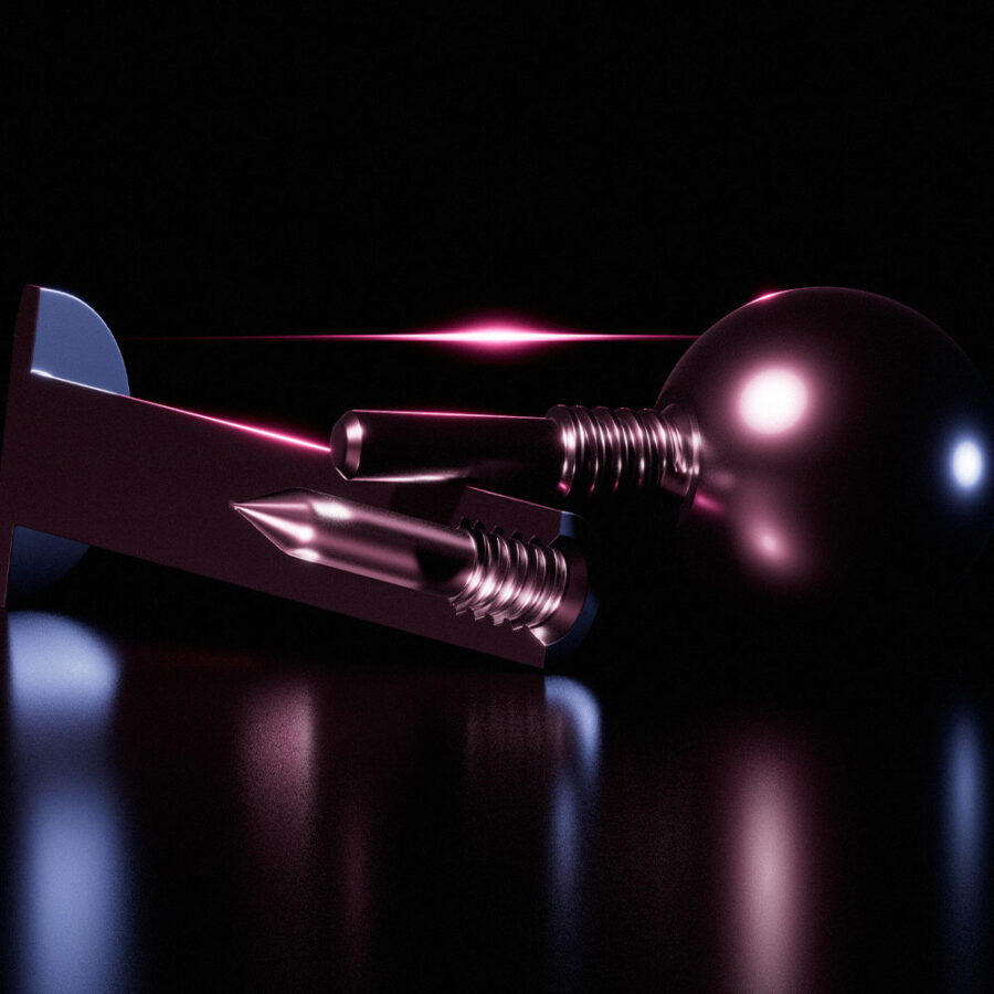 Metallischer Bolzen und Kugel mit pinkem Licht auf dunklem Hintergrund