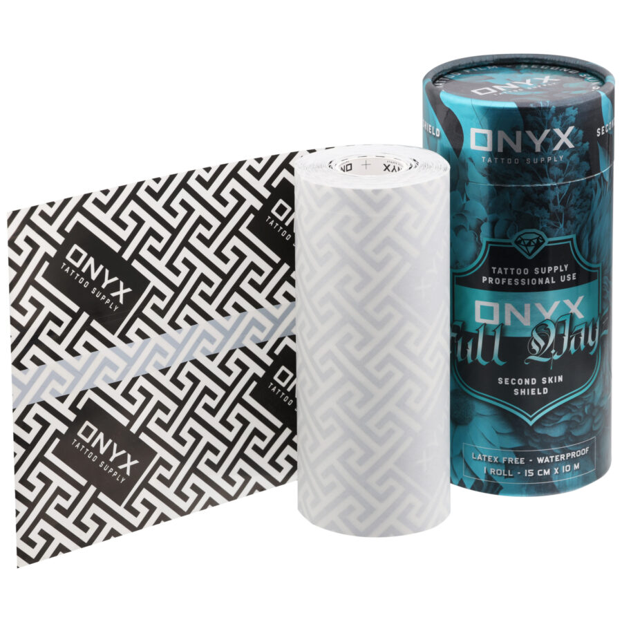 Tattoo Folie Rolle und Verpackung im Onyx Design auf weißem Hintergrund