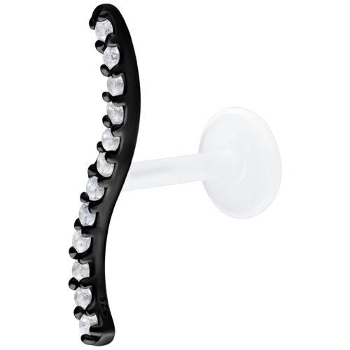 Schwarzes Push Fit Labret mit klaren Kristallen, 6,0 mm Länge auf weißem Hintergrund