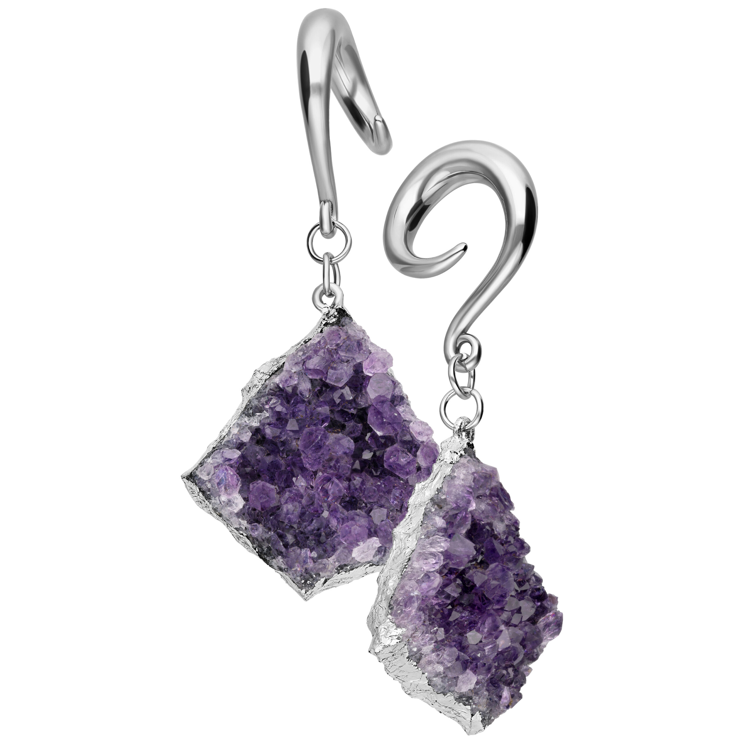 Amethyst Ohrgewichte aus Chirurgenstahl Silberne Ohrgewichte mit lila Amethystkristallen, Studiohintergrund