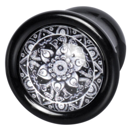 Schwarzer Plug mit weißem Mandala-Muster, 10 mm Größe