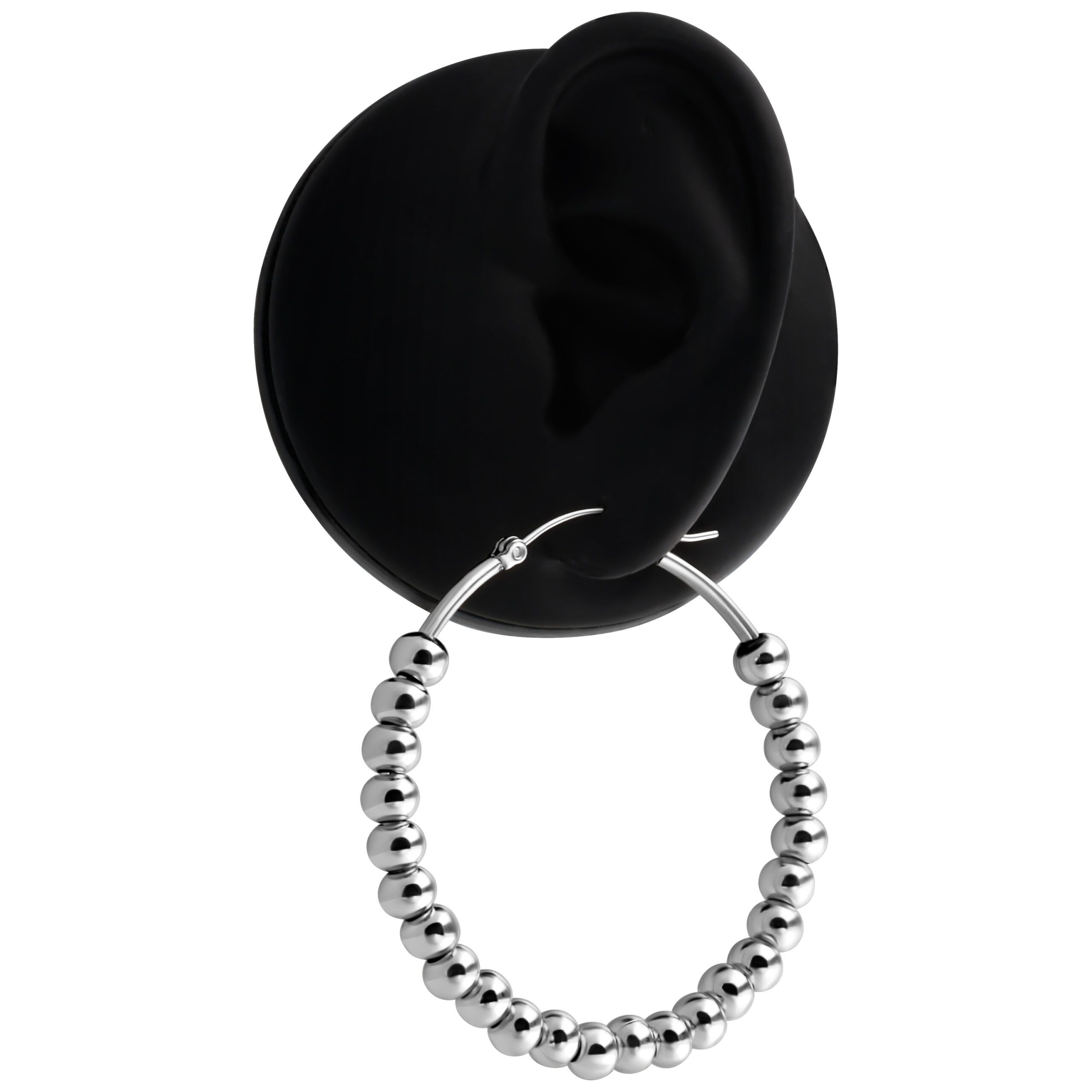 Silberne Bubble Hoops aus Chirurgenstahl Silberne Ohrringe im Hoop-Stil mit Kugel-Design auf schwarzem Hintergrund