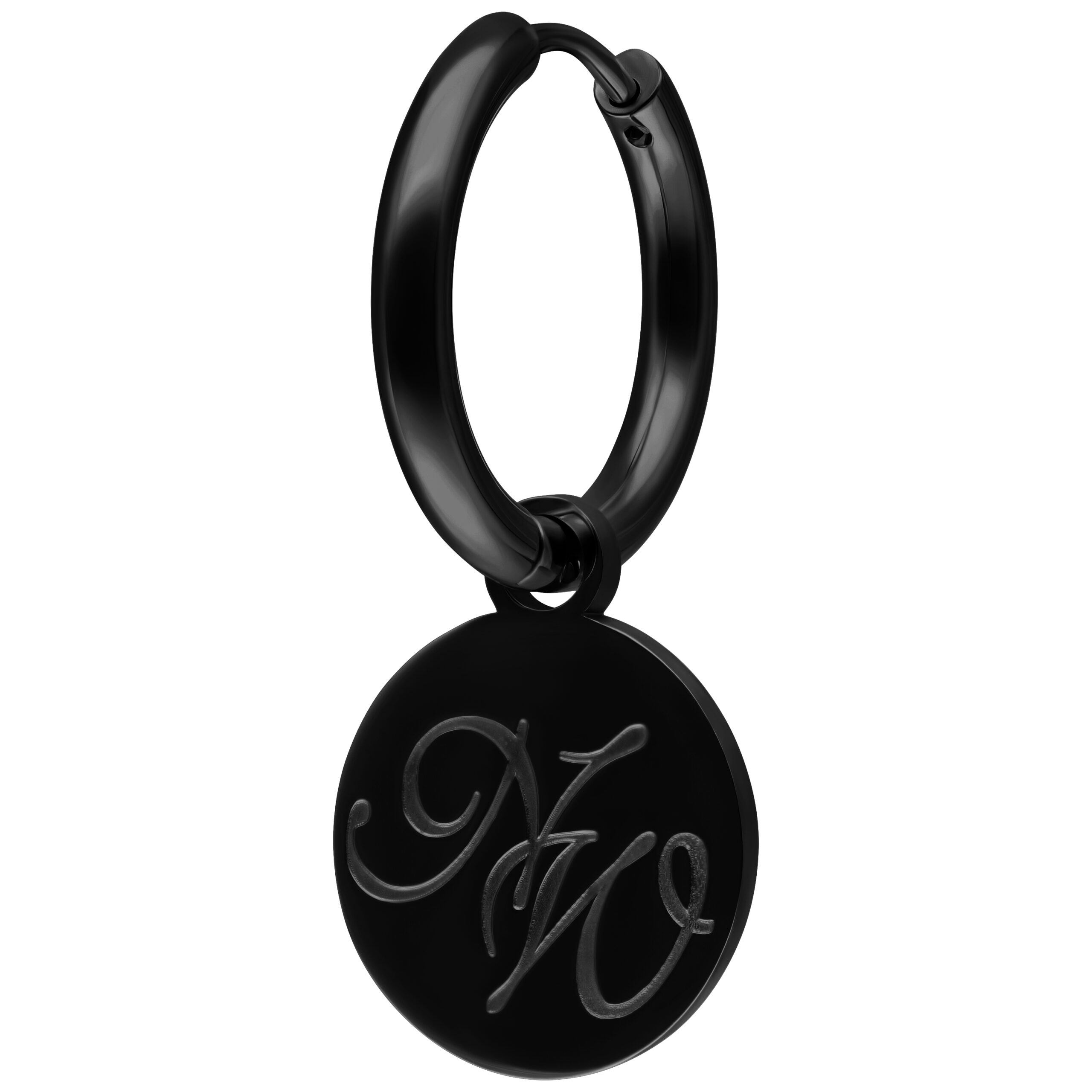 Nightwish Ohrringe mit schwarzem Logo-Anhänger Schwarzer Nightwish Ohrring aus Chirurgenstahl mit rundem Logo-Anhänger auf weißem Hintergrund