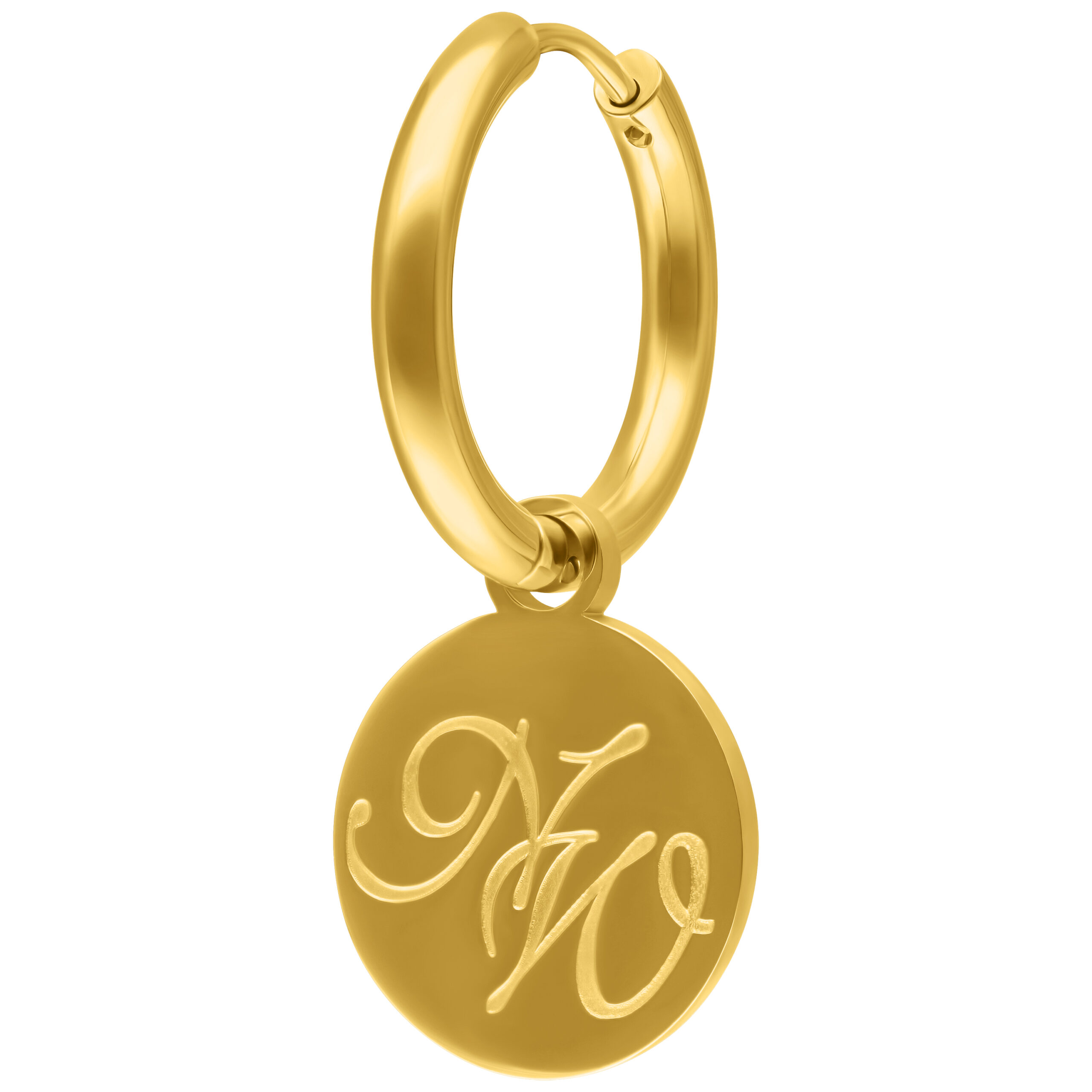 Nightwish Ohrringe Gold mit Logo-Anhänger Goldene Nightwish Ohrringe mit Logo-Anhänger auf weißem Hintergrund