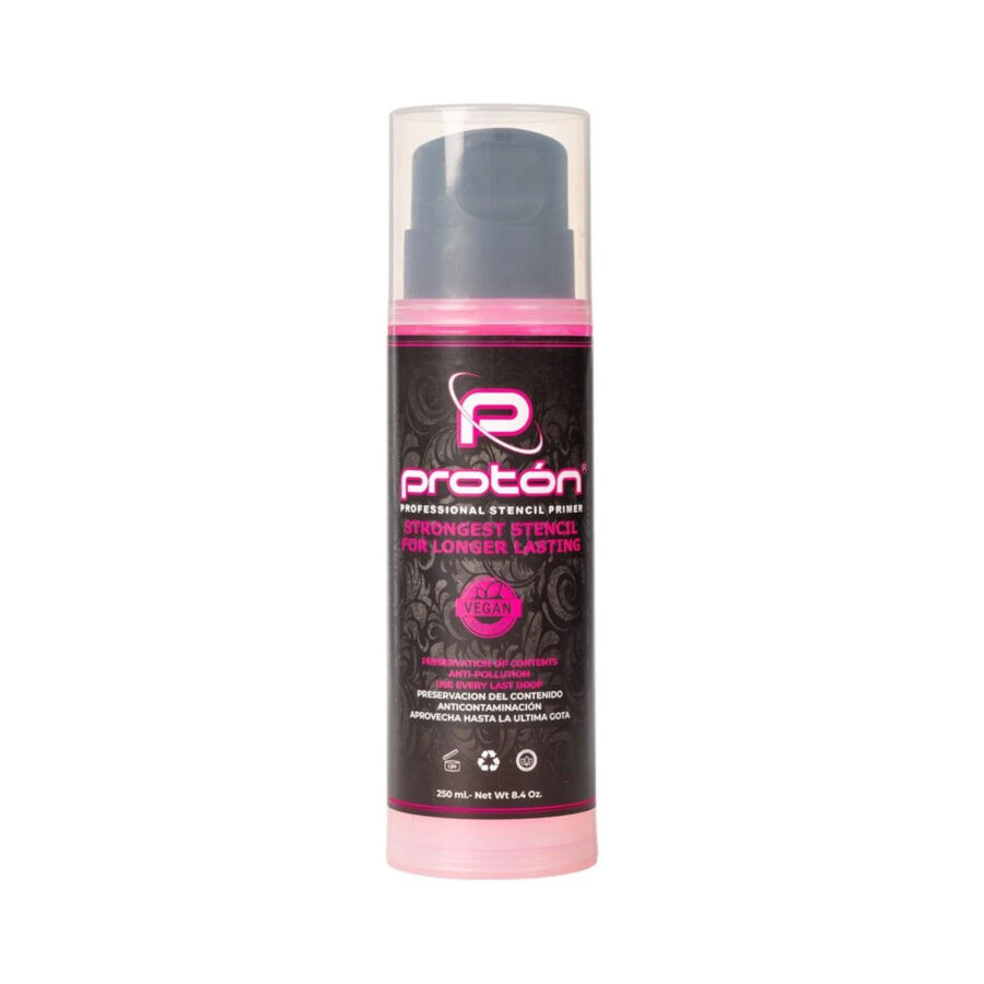 Proton Airless Stencil Primer in pinker Flasche, 250 ml, auf weißem Hintergrund