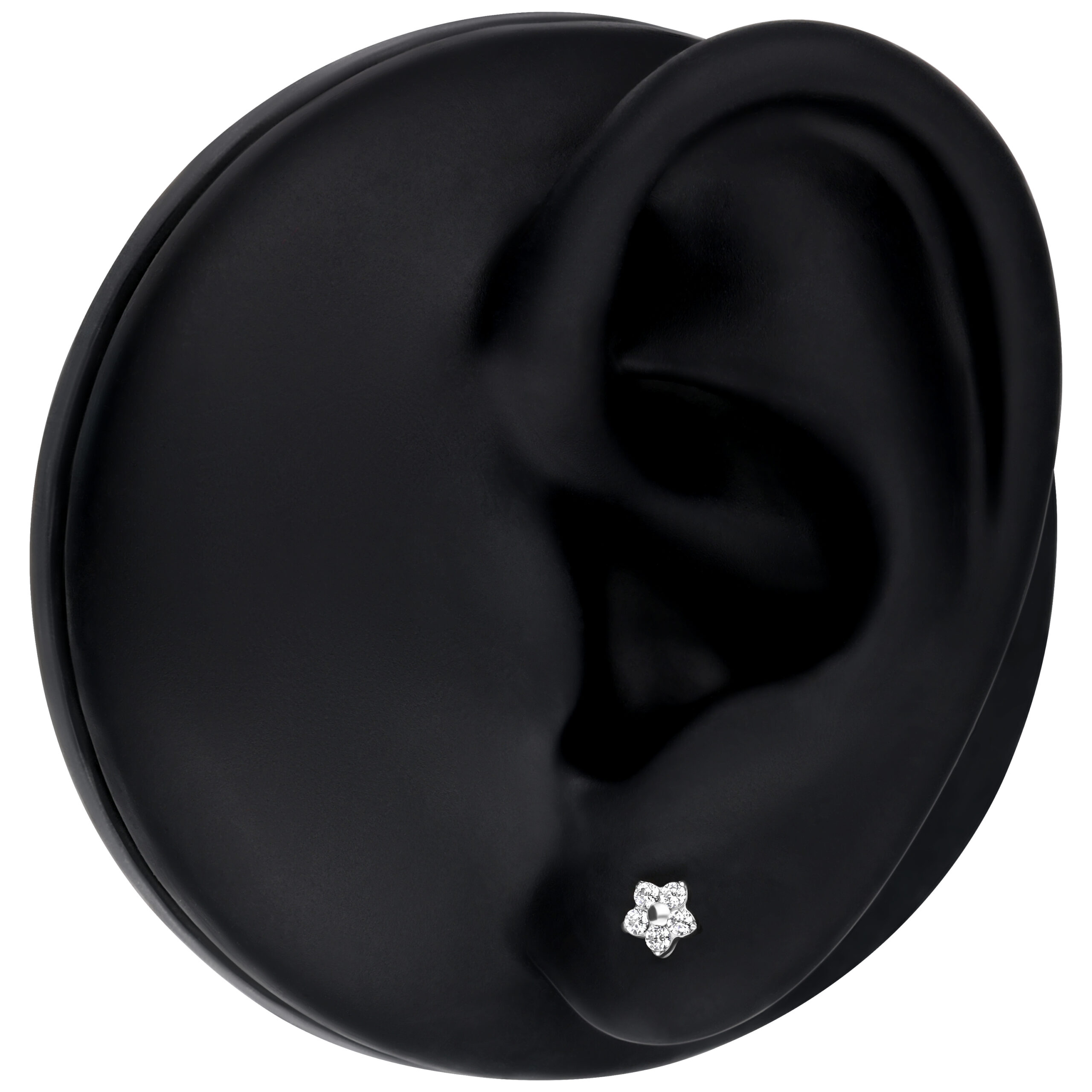 Blumen-Aufsatz mit Kristall für Push Fit Piercing Silberner Blumen-Aufsatz mit kristallklarem Stein auf schwarzem Ohrmodell