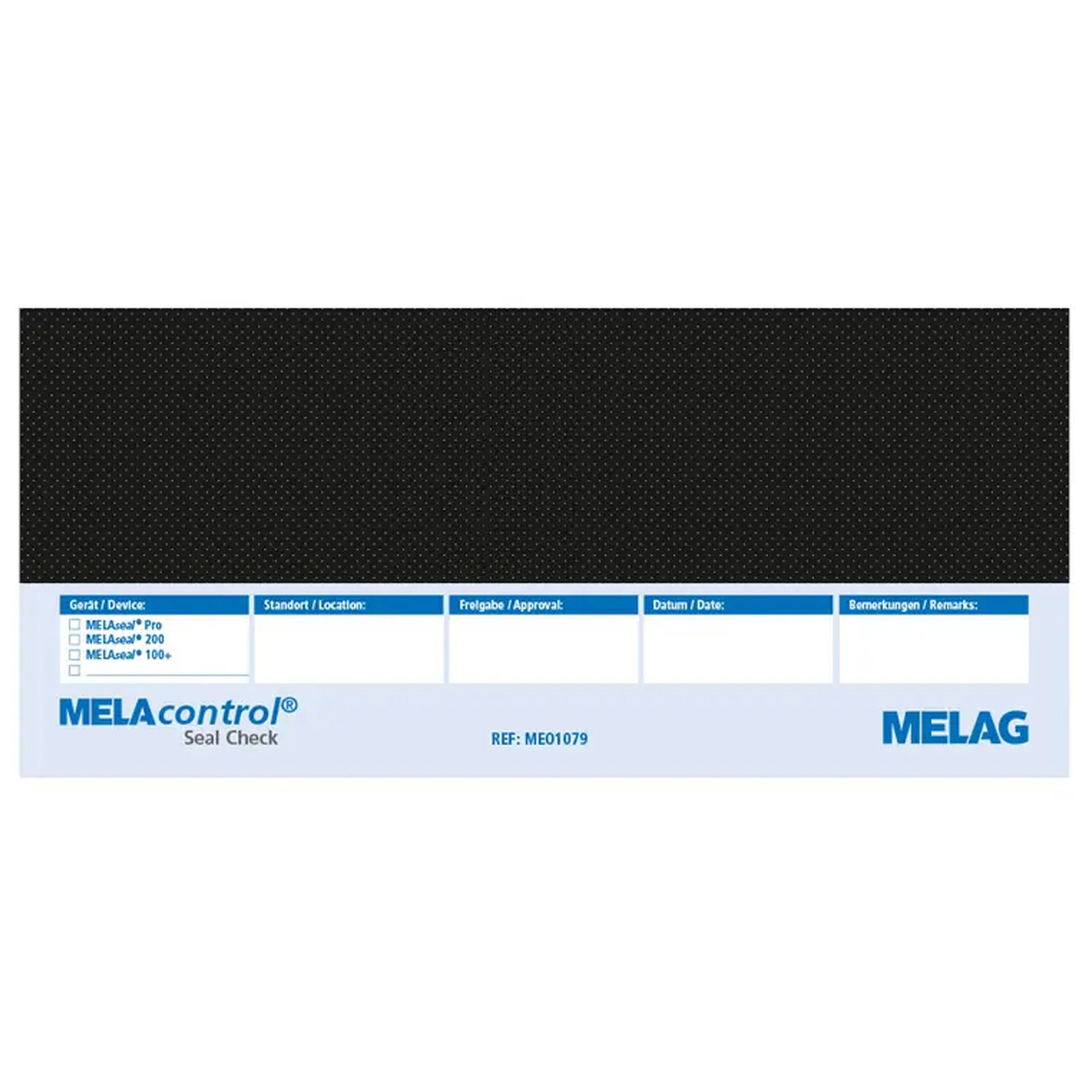 MELAcontrol Seal Check VE100 auf weißem Hintergrund MELAcontrol Seal Check VE100 mit schwarzem und blauem Design auf weißem Hintergrund