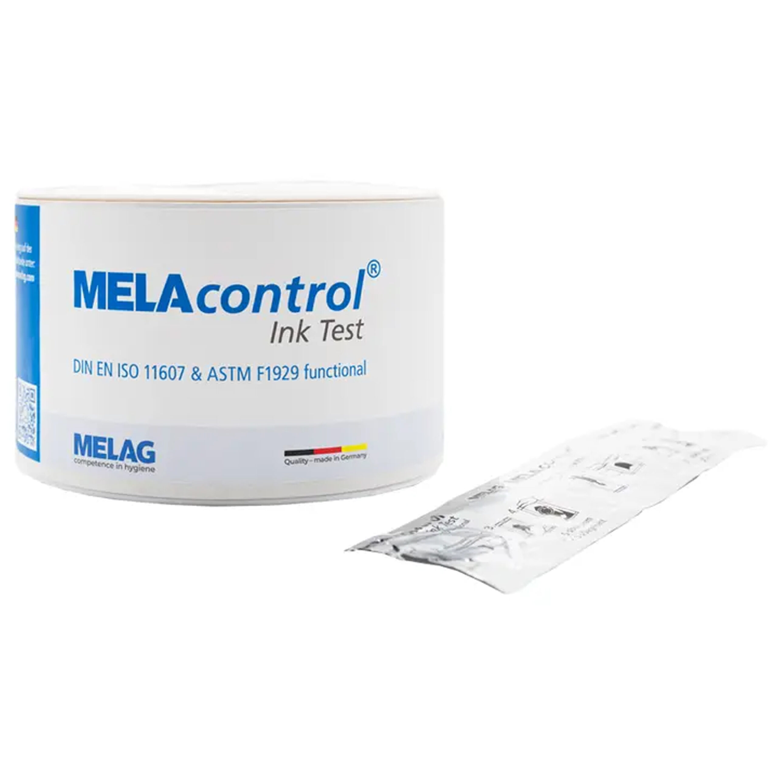 MELAcontrol Ink Test VE30 von Melag MELAcontrol Ink Test Rolle und verpacktes Testset auf weißem Hintergrund